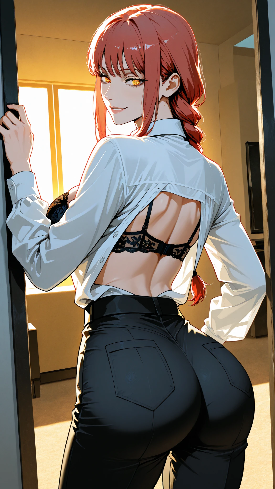 Makima \(chain saw man\), holding knife, Blood Rain, (1girl in:1.1), Yui, permanent, redhair, Long braided hair, Golden Eyes, fringe, medium breasts⁩, White shirt shows through, tie, stay, they are sinful:1.2), look at viewr, dark backgrounds, pant rack pan quality, glistning skin, top-quality, High resolution, pantyshot,  masutepiece, Looking back, ass forcus, (Wet), (Wet clothes),(nsfw:1.2), (Create an illustration where the lines of the panties are subtly visible through the character's black pants:1.3), Emphasize a natural and subtle translucency effect