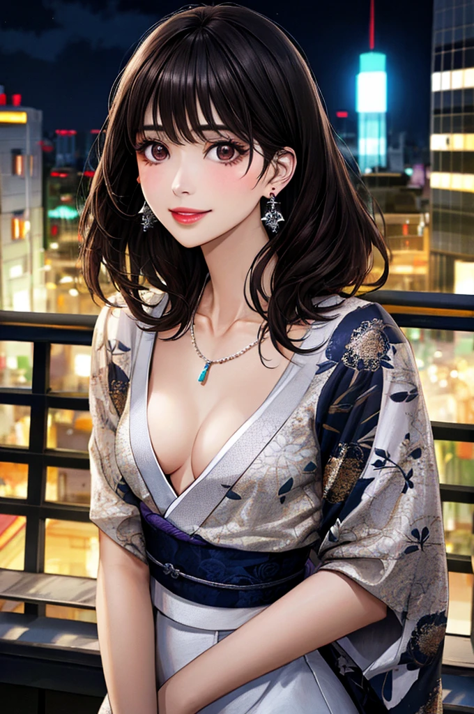 (Top Quality, High Resolution, Masterpiece, 4K), (soft light, shiny hair, beautiful eyes), young woman, full body view, lovely smile, ((long wavy hair, bangs, light colored hair)), ((greedy eyes, brown eyes, perfect eyes)), ((detailed face, blush:1.1)), (( Smooth texture:0.75, Realistic texture:0.65, Realistic:1.1, Animated CG style)), Large breasts, cleavage, seductive body, (dark color Japanese yukata, perfect detail yukata), Pretty necklace, cute earrings, (coming down big stairs in night park),light on face, hand in own hair, showing chest with smiling , from below++, gesture of hair tied back with both hands, dynamic pose,Look up at the fireworks