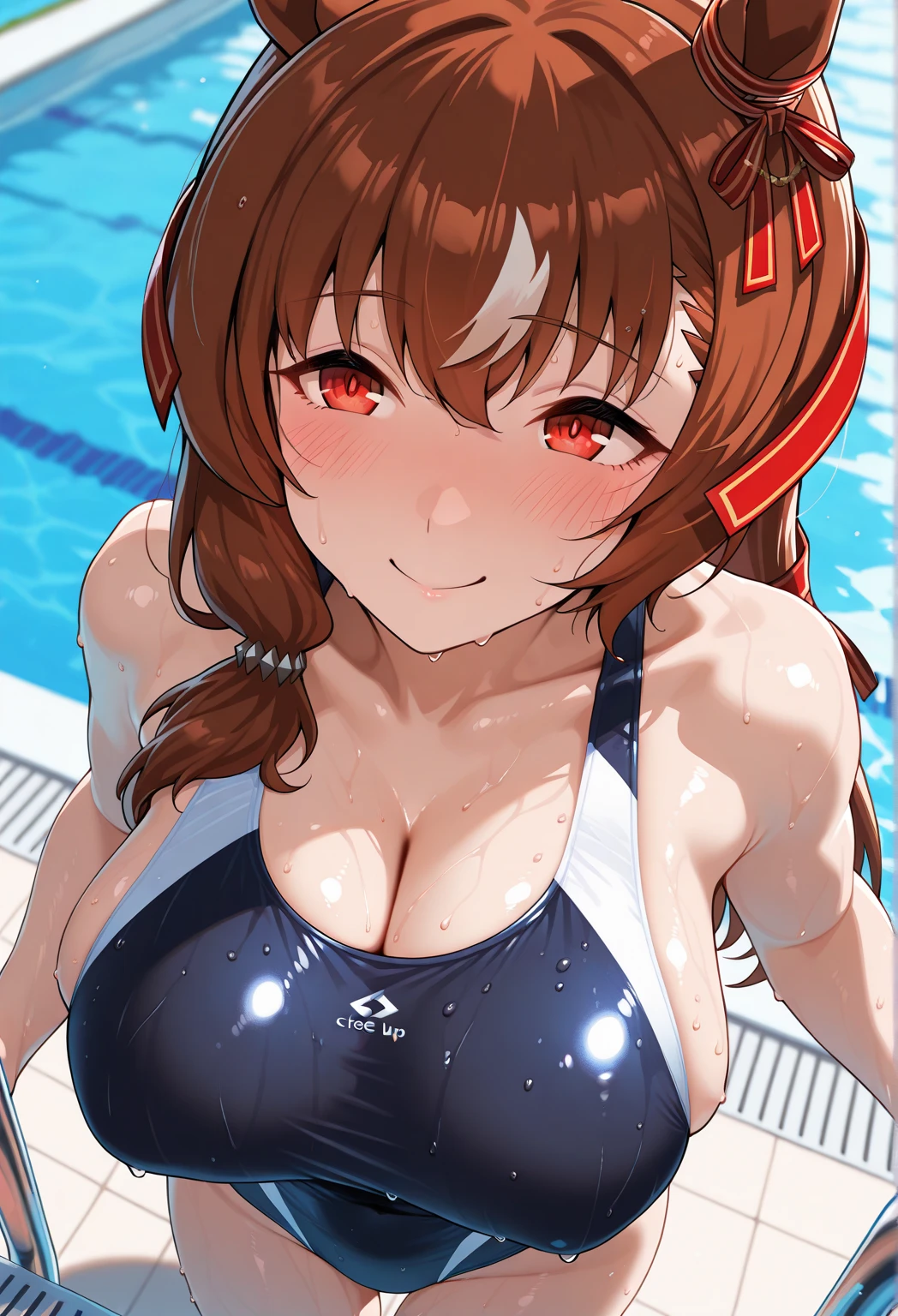 king halo \(umamusume\), masterpiece, best quality, ultra-detailed face, muscle, abs, frontage, upper body, plain bikini, horse tail, pool, smile, detailed clear eyes, open mouth