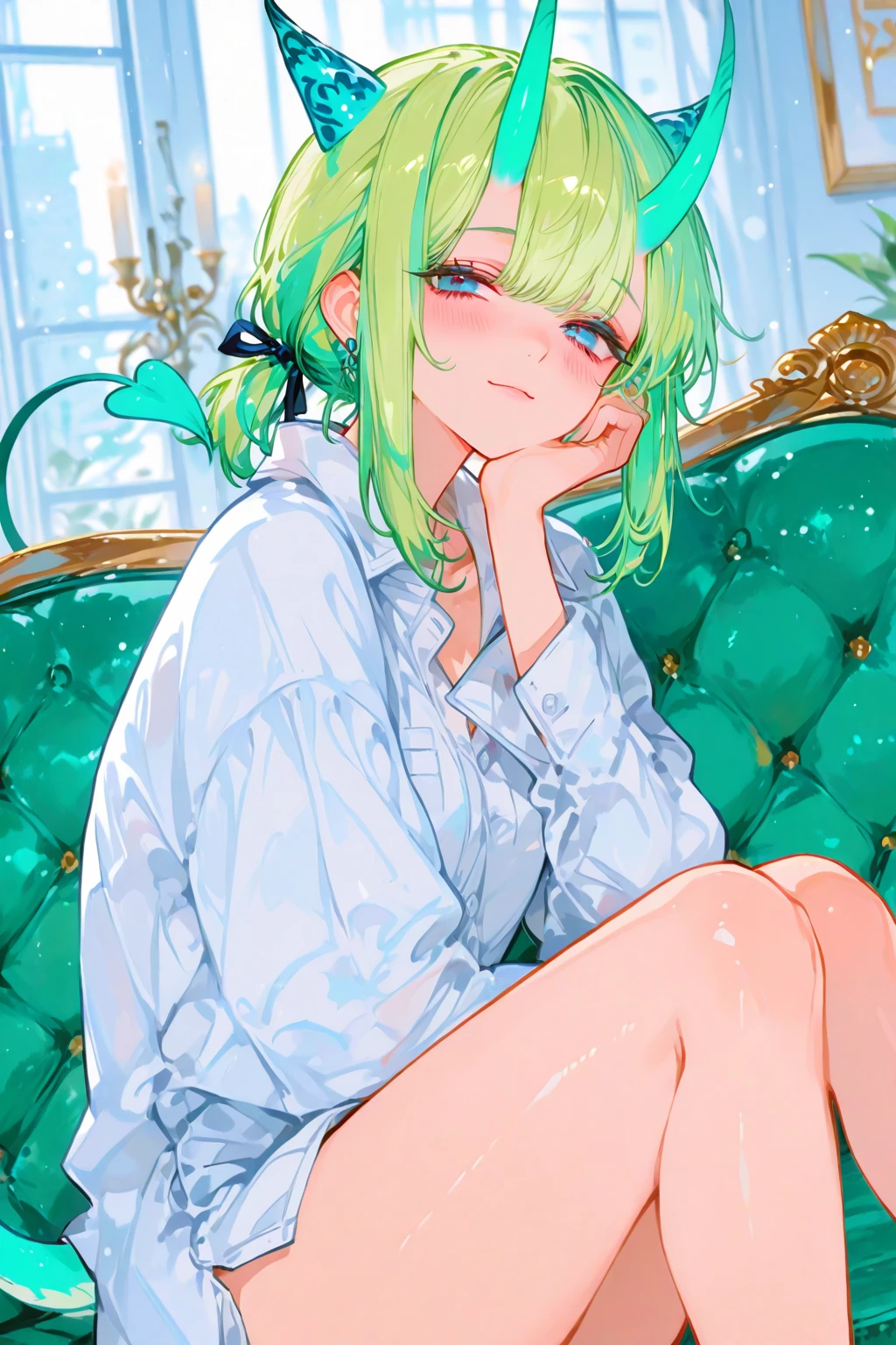 The girl showed her belly，The girl was lying on the sofa，Feminine gesture，Anime girl with green hair and pink shirt and tie, anime moe art style, [[[[grinning evily]]]], Hatsune Miku short hair, in an anime style, fubuki, chihiro! fujisaki, shirabii, shikamimi, In anime style, made with anime painter studio, mikudayo