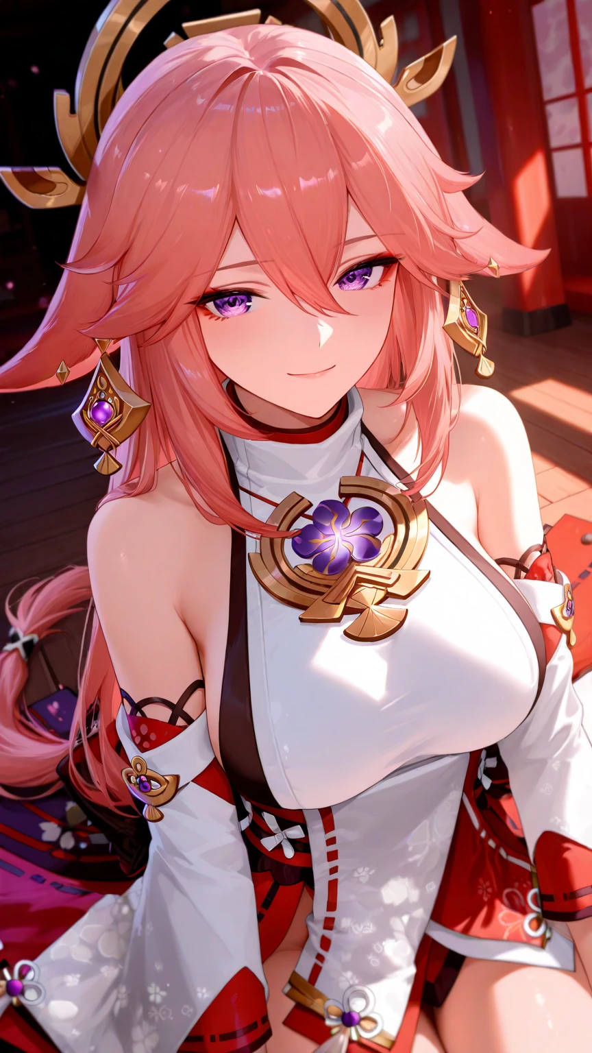 yae miko、hair ornament、japanese clothes、sideboob、detached sleeves、wide sleeves、jewelry、earrings、bare shoulders、(((best quality)), ((masterpiece)), (details), masterpiece, best quality, high quality, ulutra detailed, perfect face, Yae Shrine Maiden、Genshin Impact、Sidehiny Hair、Glowing Skin、blush、Lustful look、smile、Priestess Costume、Background of a shrine with cherry blossoms in full bloom、torii、Holding inari sushi、bachong