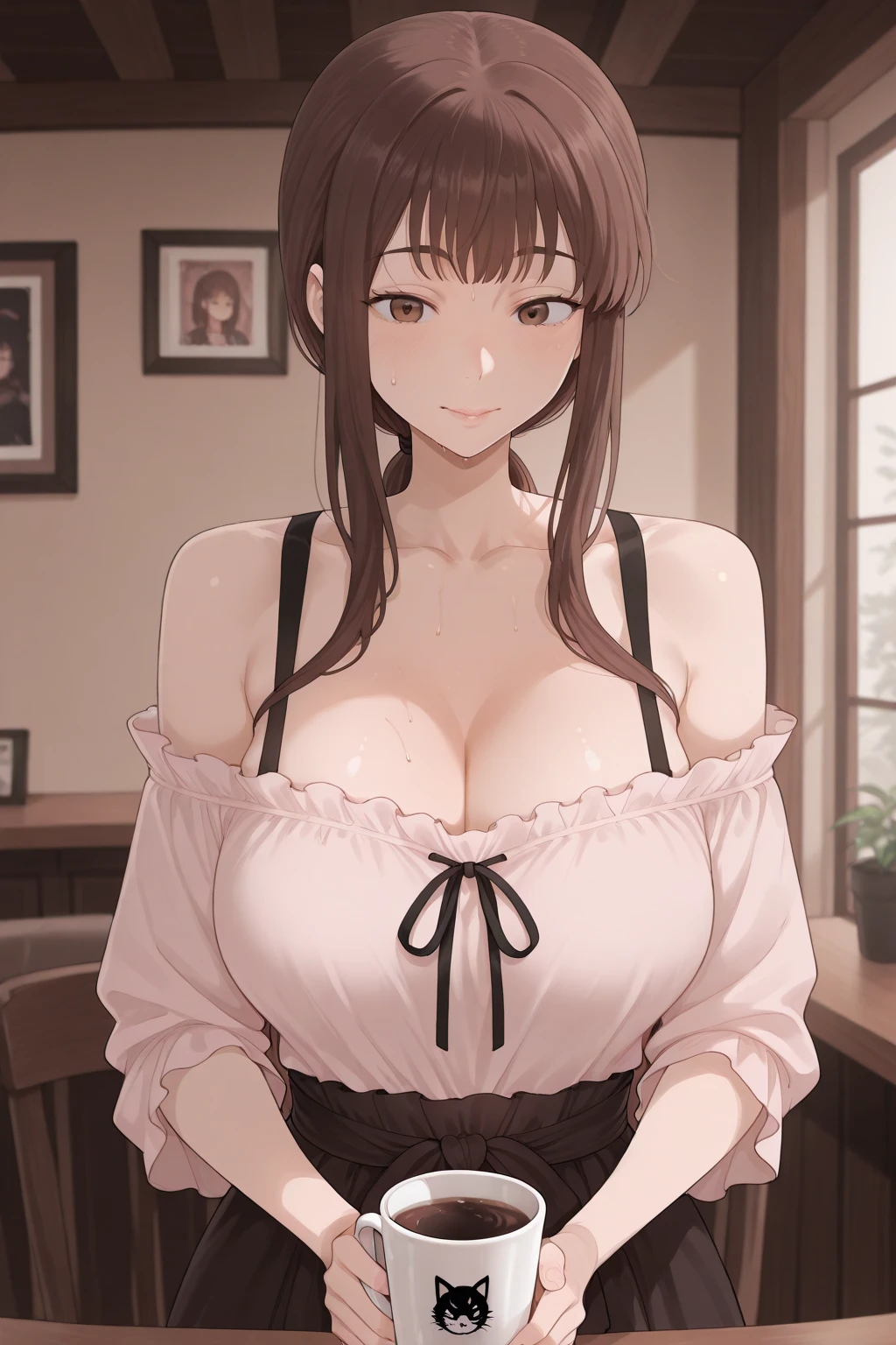 bent over,  1girl in, maturefemale, long brown hair, Bangs, hair clips, White blouse, Detailed pupils, (Huge breasts), Indoors, restaurant, city,  Colorful, Vivid colors, masutepiece, absurderes, aesthetic  whale tail, Panties, thong, Panties, Pants, thong,