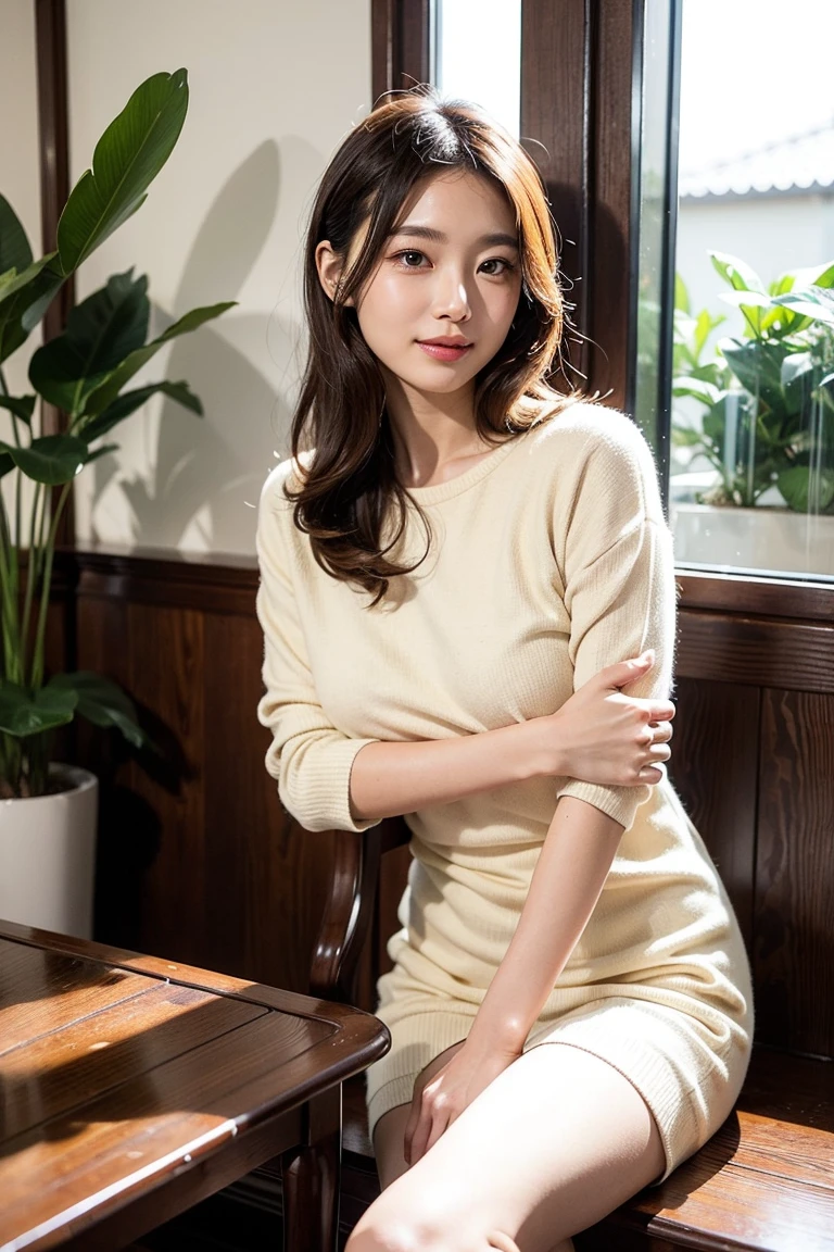 ((best quality, 8K, masterpiece, portrait: 1.3)), (looking at the audience), (tabletop), attractive mature woman, 1 person, slightly thick:0.4,light brown short bob、 loose gray knit, beige tight skirt,((Big 1.5)) (large pelvis:0.9), ((on the sofa bed)), ((seat))、,Good posture、Living room receiving strong afternoon sunlight、((friendly smile))、fascinating eyes、((living space in the house))、