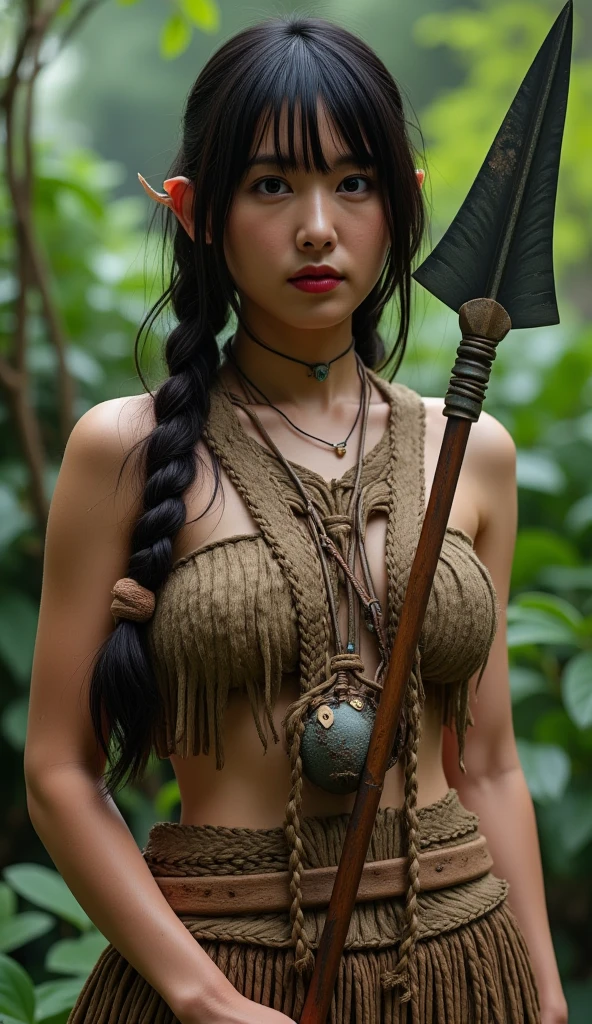 photorealistic, dynamic pose, portrait, high details, 1girl, ((Palestinian):1.3), (young):1.2, innocent, delicate face, tan skin, skinny body, ((holding a jade knife):1.2), ((tribal tattoo):1.4), (headband):1.2, (long hair):1, ((modern formal kimono, huge rope belt, linen short shorts with open sides), (linen thigh highs)):1.2), panty visible, (small waist):1.3, ((wide thigh gap):1.3, (wide thighs):1.2), masterpiece