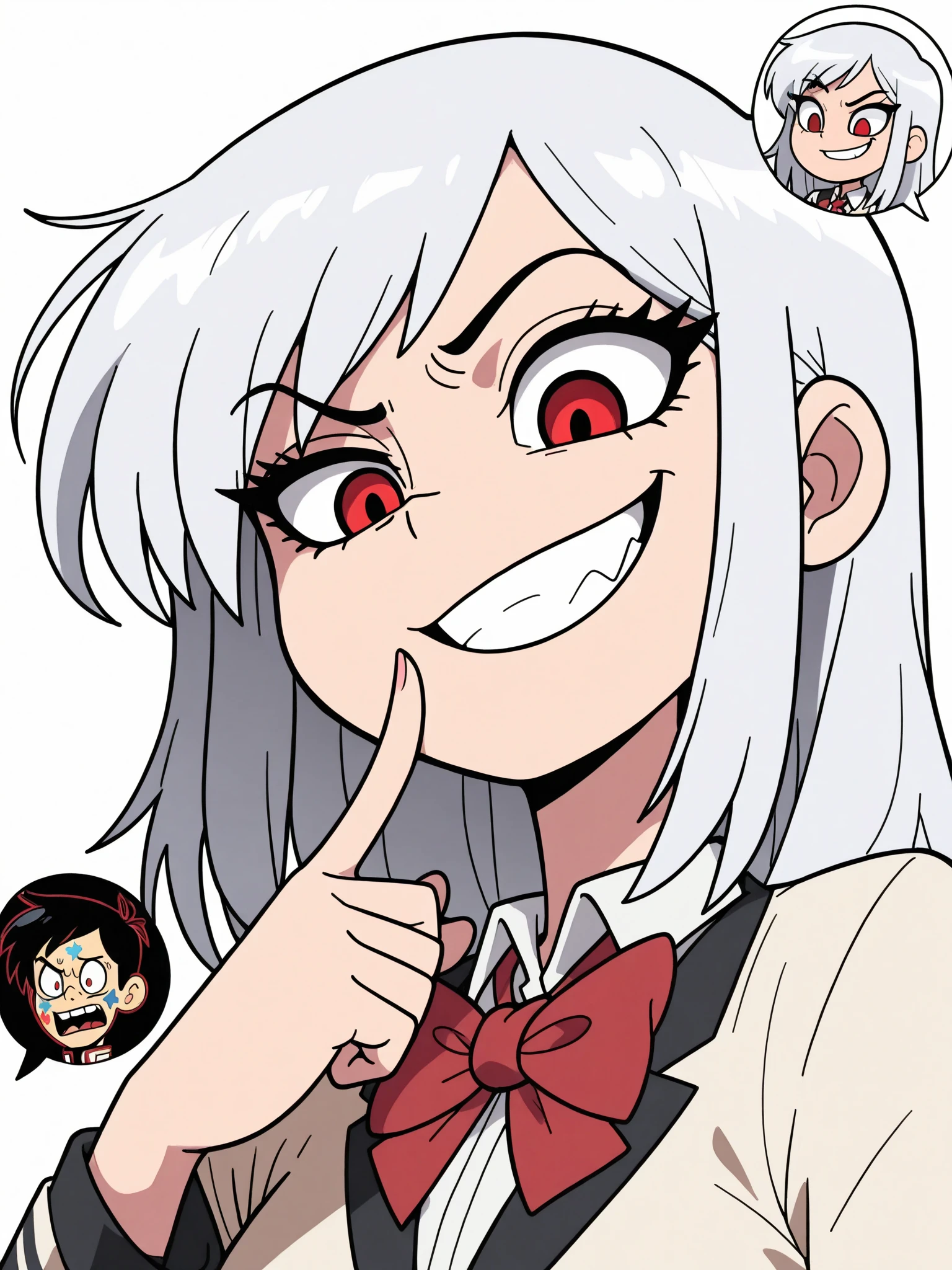 score_9, score_8_up, score_7_up, score_6_up, score_5_up, score_4_up, simple background, white background BREAK
<lora:KronkPermit-000006:1> holding permit, grin, goat lucifer \(helltaker\), anthro, white body, white fur, white hair, long hair, white horns, red eyes, mole under eye, red shirt, cleavage, big breasts