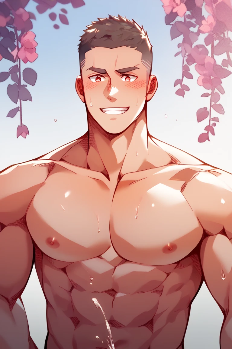 best quality, masterpiece, extremely detailed, sexy, homoerotic, extremely handsome asian man, muscular bodybuilder, middle parting dark hair, yanks his balls, in lush garden, different colorful flowers, extremely romantic atmosphere, ambient lighting, dramatic shadows, perfect face, perfect hand, perfection