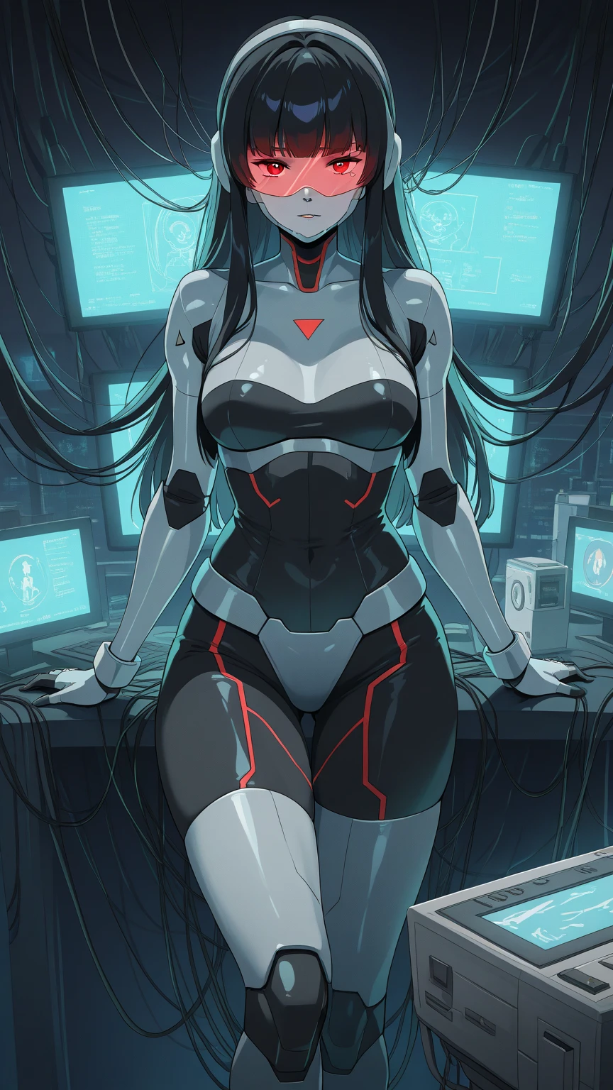 ((Best Quality)), ((Masterpiece)), (Detail: 1.4), Intricate details, Cinematic lighting, Sharp focus, Detailed face, Goddess with red eyes, (A Beautiful Cyberpunk Woman with long black hair:1.5), (((((Black and red gradation hair))))), (Dark skin:1.4), (White Cyber bodysuit with glowing lights), (Tall Woman), Armored boots, (Huge Breasts:1.4), (Perky breasts:1.3), (Smal waist:1.3), (Long Legs:1.4), (Cameltoe:1.4), Round buttocks, (standing), Futuristic control room, Computers, Pov: back,