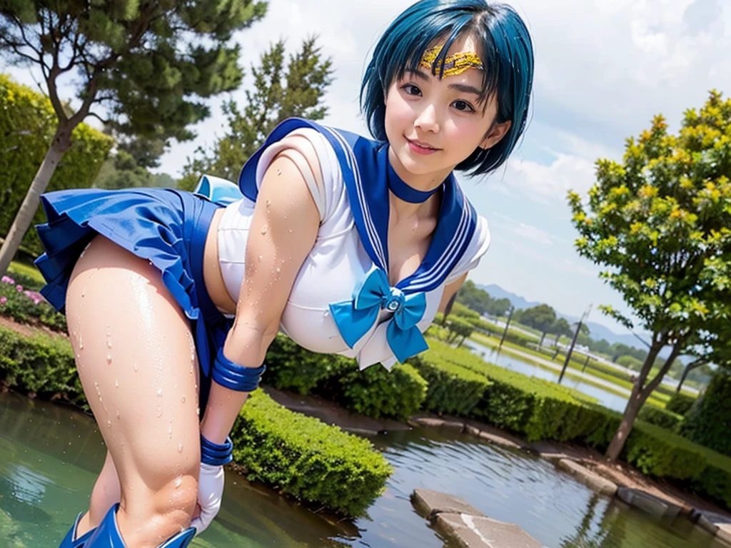 Full Body Shot,Ami Mizuno, (sailor mercury, neck ribbon, blue hair, short hair, circlet, jewelry, crescent earrings),Sailor Mercury. beautiful, whole body,water star,looking at the camera