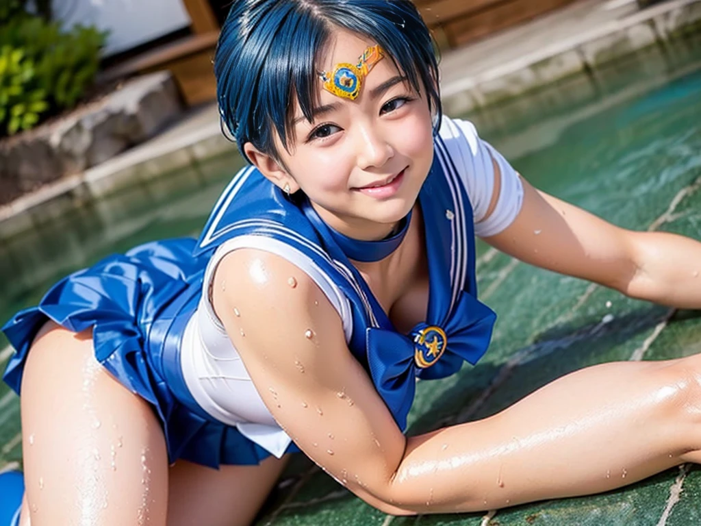 japanese, junior High School girl,1 person, age 15, Sailor Mercury, A cosplay that is heavy wet and heavy transparent,Wet blue short hair, Wet arms,Wet legs,Wet Face, pose, Highest quality, wet poolside, smile, lie down, open leg
