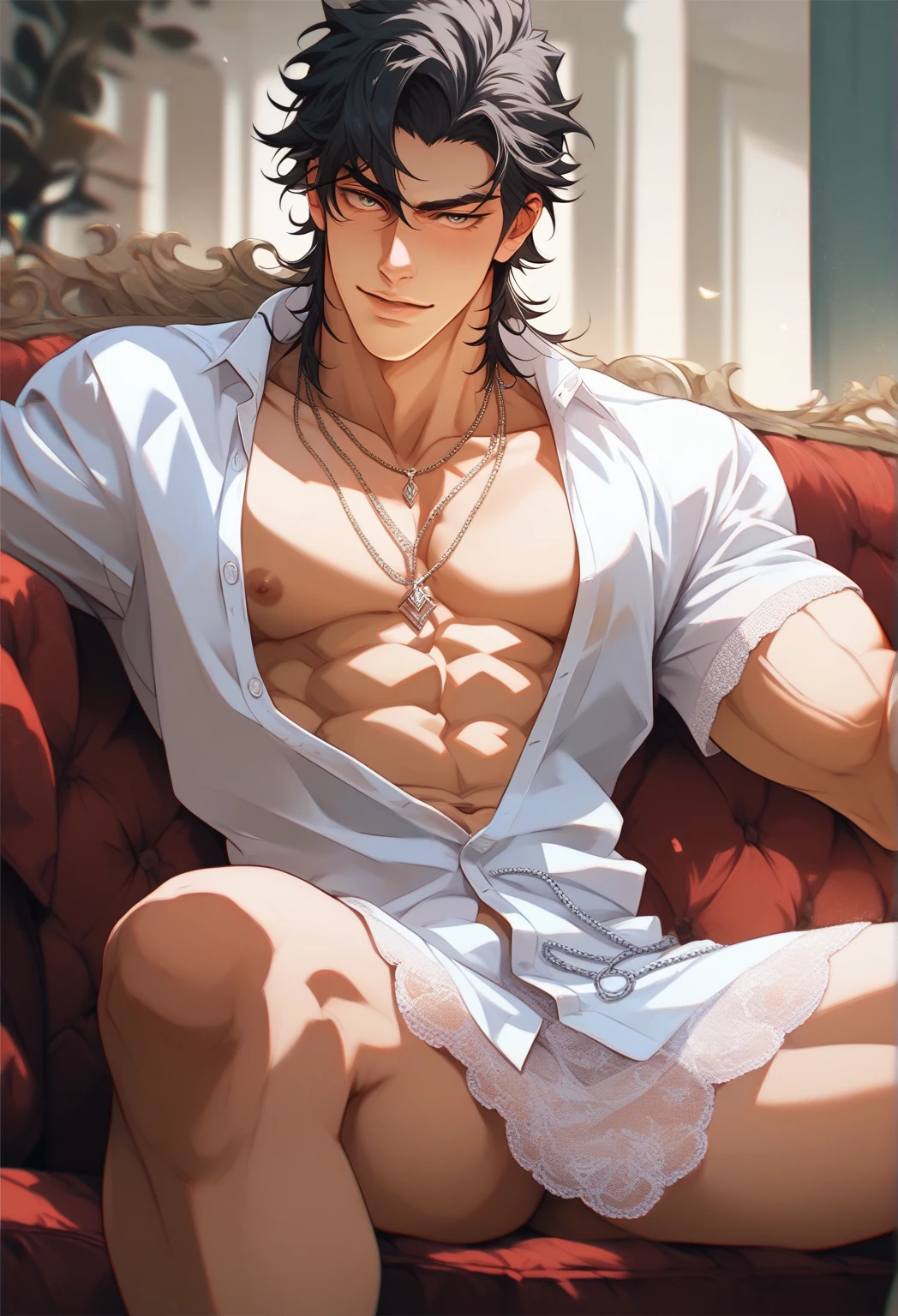 a handsome boy with long wavy black hair, sparkling green eyes, wearing a mess white hanfu, lewd pose on a white bed, in a antique room, blushing and gasping during sex. A anime Boy