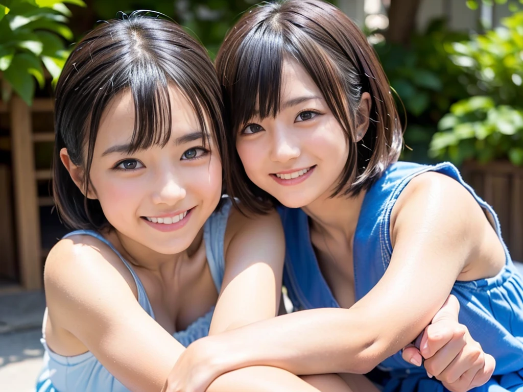 Two Girls、Fun atmosphere, Beautiful and beautiful eyes, Cute Hairstyles, Bright costumes, Strike a pose playfully, wood々Sunlight coming in through gaps, Soft Shadows, Lively expressions, Zola々energy, Laughter and giggles, Delicate flowers,、Friendship and Bonds, Capture the happy moment, Moderate: Highest quality digital illustrations, High resolution), Very detailed, Realistic, Natural light、Light color mini camisole、Neru&Hinano、
