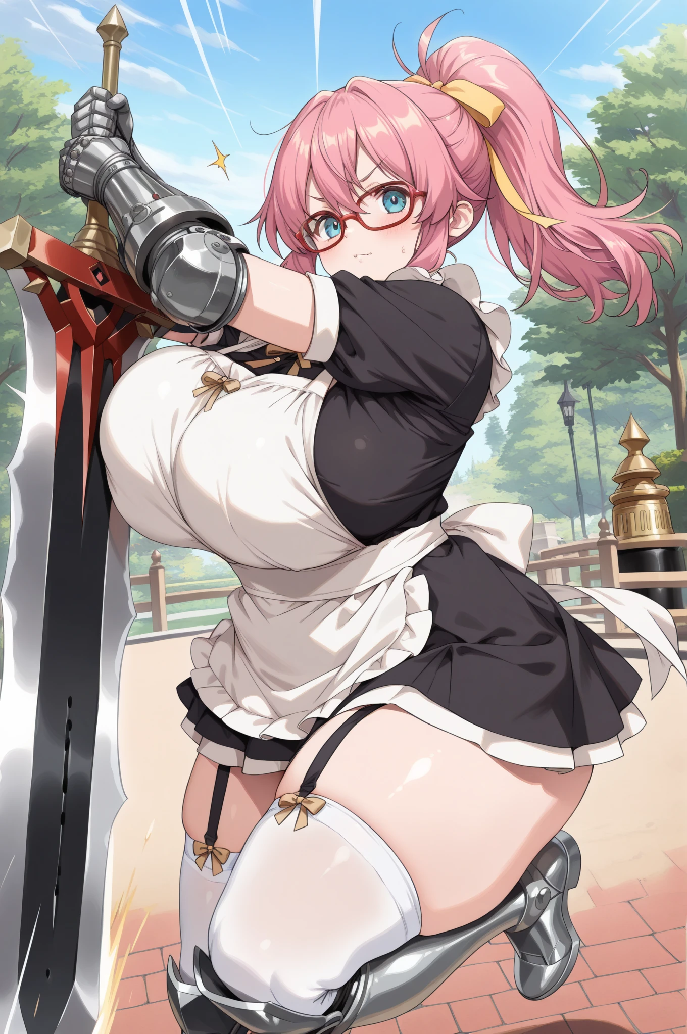 masterpiece, best quality, highres, ram1, 1girl, solo, standing, focus on her ass, back to the viewer, walking up stairs, ram \(re:zero\), pink hair, short hair, red eyes, hair over one eye,  hair ribbon, x hair ornament, maid headdress, small breasts, huge ass, huge thighs, narrow waist, wide hips, thick thighs, hair flower, loin cloth, topless, amazon, cave woman, blushing,sweating, (breathing hard), (panting), anime, smile, outdoors, (masterpiece:1.2), highres, best quality, 8k, very clear,