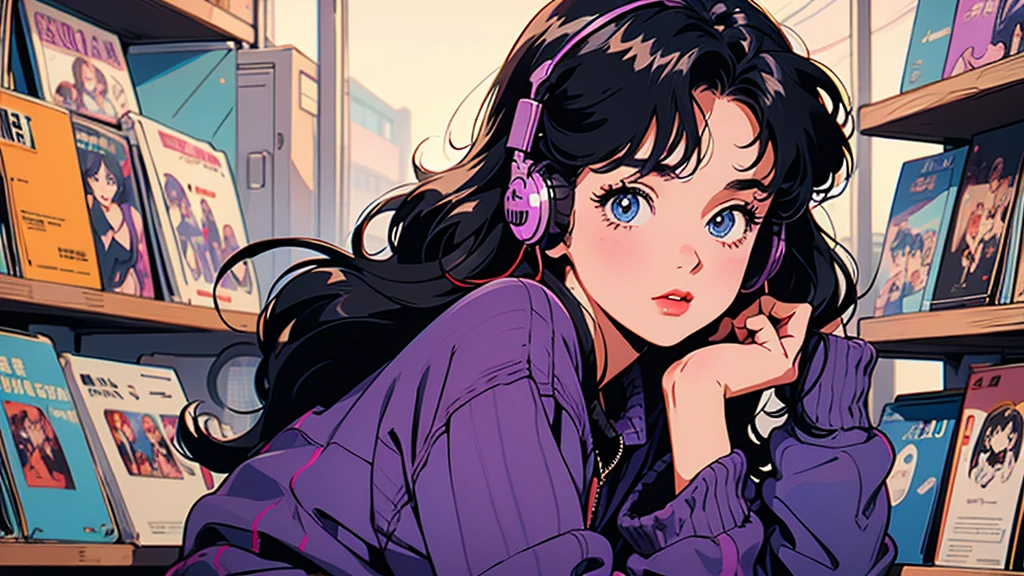 Beautiful woman in her 30s with black hair is sitting on the sofa with her eyes closed. and wearing headphones listening to music. Looking up, eyes closed, LOFI girl, alone in the room, pajamas cozy wallpaper, big cushion, bookshelf, relaxing mood, night core, cozy, wide glass window with skyscrapers, outside view at night, only five fingers, dark room, pink wall, Long legs,