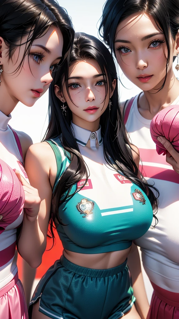 Two very young little girls hugging each other,(The act of undressing.),Ponytail braid,Wear damp green sportswear,Soaked sportswear,Sweat all over the body,(Extremely huge super swollen breasts, Z-cup breasts.)