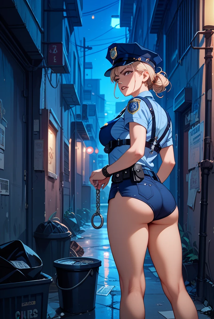adult girl wearing summer clothes, fishnet stockings, high heels and make up in police handcuffs under arrest while bending over, manicured fingers, pink hair, hands behind his back, restaurant, anime