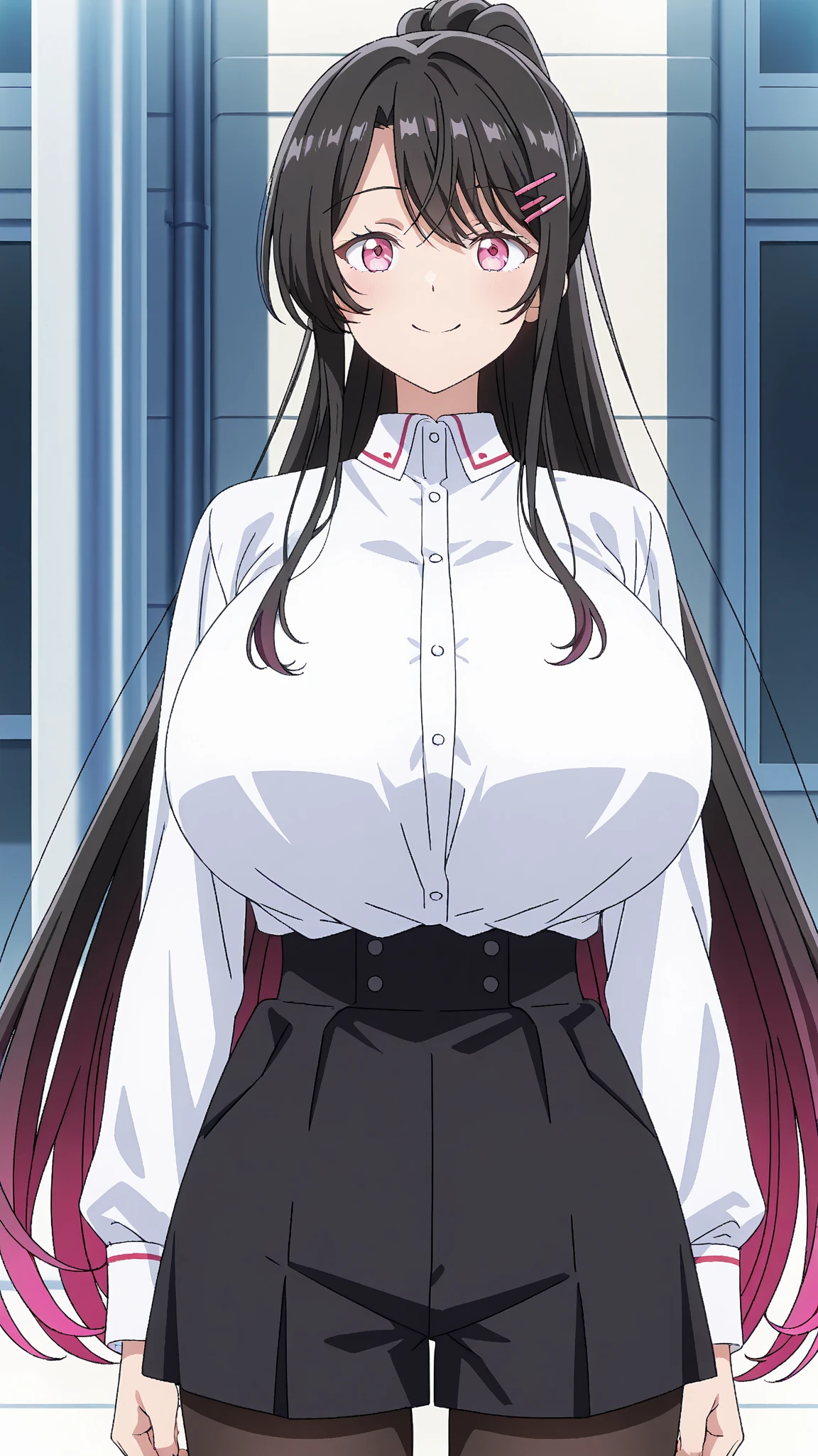 Nun girl big big chest long brown hair and wears short black nun shirt shows navel and underneath a long black nun skirt and wide body and pink eyes lax swollen eyelids
