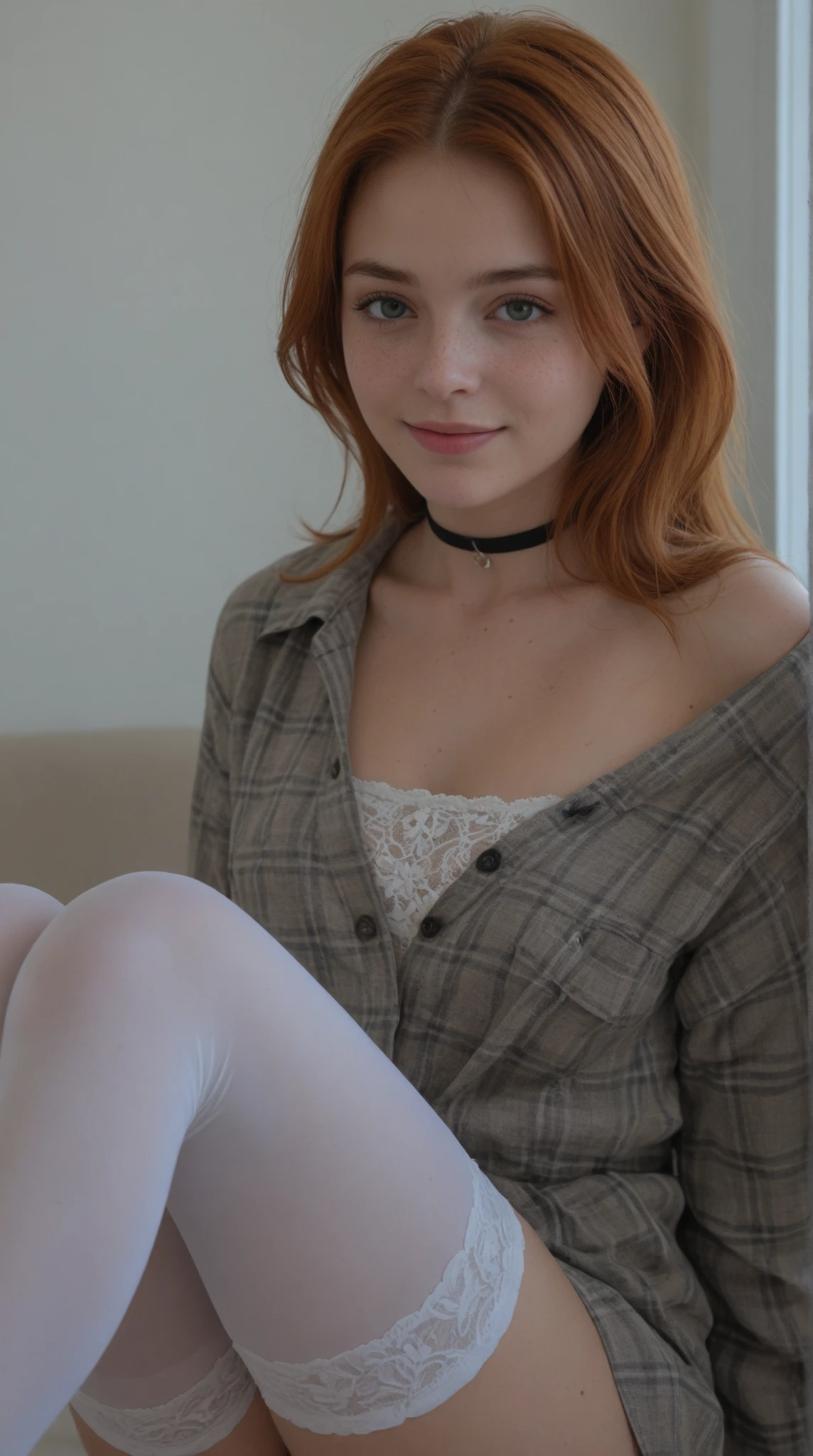 8k, RAW photo, best quality, ultra high resolution, photorealistic, realistic photo of one skinny european redhead girl, skinny girl with medium red hair, medium lenght red hair, red hair, blue eyes, (full body portrait), (one person on photo), in living room, wearing blouse, blouse, wearing panties, panties, smirking, realistic, photorealistic, (extremely detailed CG unity 8k wallpaper), 8k uhd, dslr, bright lighting, high quality, film grain, Fujifilm XT3 sharp focus, f 5.6, High Detail, Sharp focus, looking at viewer, (bright light)