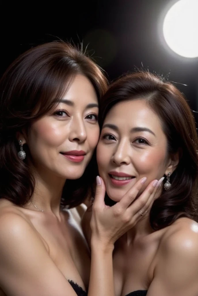 Two aunts from Osaka、Organic Photography、best quality、masterpiece、Ultra-high resolution、Two beautiful old ladies、50 years old、Elegant face,Smile,Wear a business shirt,Short skirt,Huge sagging of breast contour,curls、Real skin texture,sideways,Revealing smooth and plump thighs,The river in the scene, Mountain, Reality, Sunset, masterpiece, Bokeh, Volumetric Lighting, Summer Breath, High Angle Shot