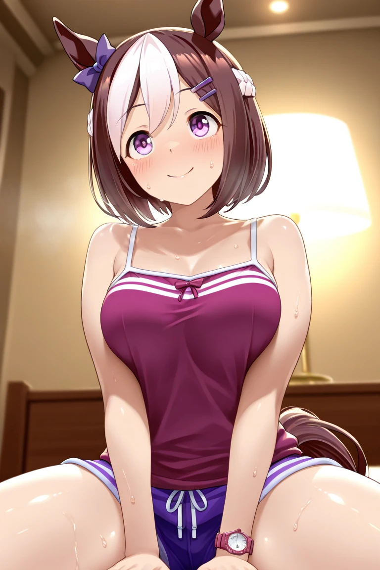Highest quality,masterpiece, best resolution, nsfw, 1 girl, (portrait), close up, topless, (huge breasts:1.5), nipple,indoor, smile, standing, face viewer, horse ears, horse tail, Nishino Flower