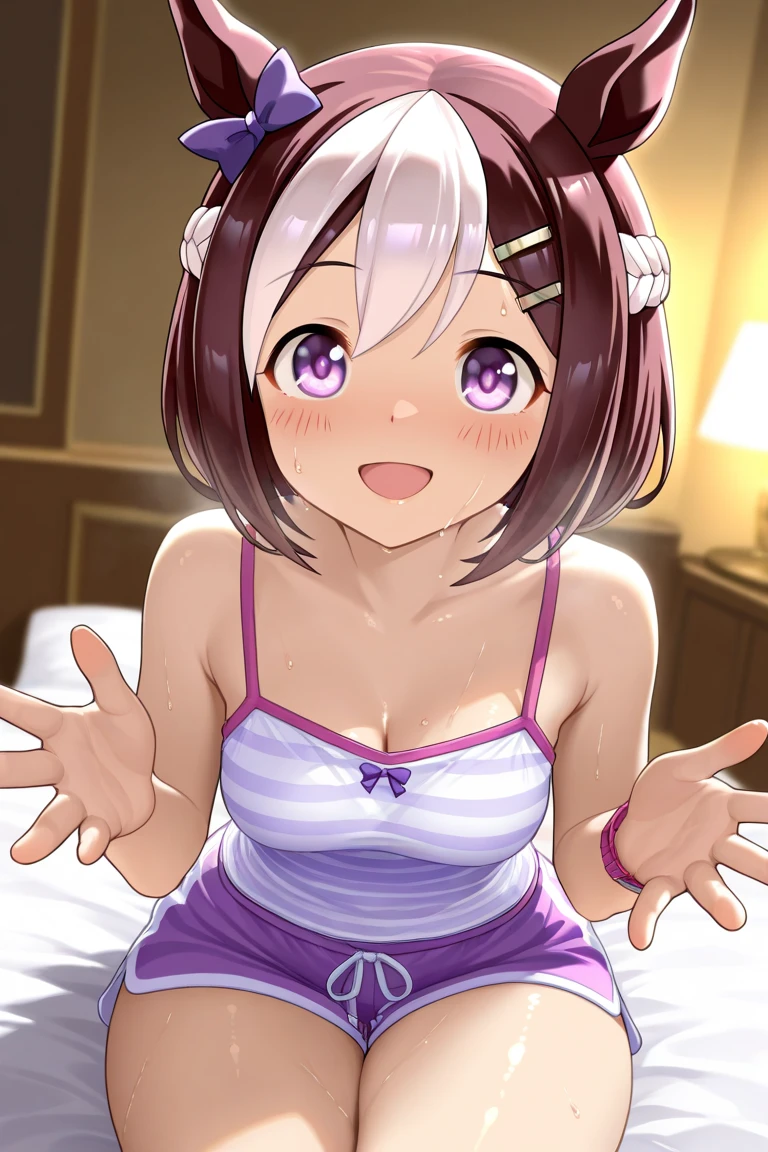 1Girl, special week(umamusume), (umamusume), umamusume, shiny skin, sweat, blush, open shirt, bra, panties, looking at viewer, (selfie), masterpiece, best quality, very aesthetic, recent,  