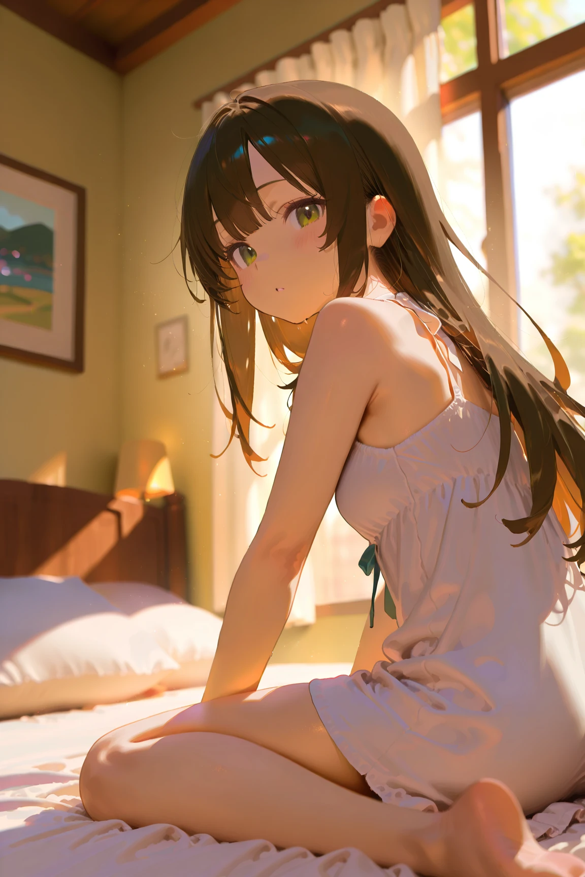 High precision in selection、Highly detailed、best image quality、Scenery seen through the window、Room Wear、20 year old girl、I just woke up on the bed、I'm sitting with my hands on the futon、I can't see my lower body on the futon、Sleepy Expression、it's understretched、on the bed with bright sunlight shining in。