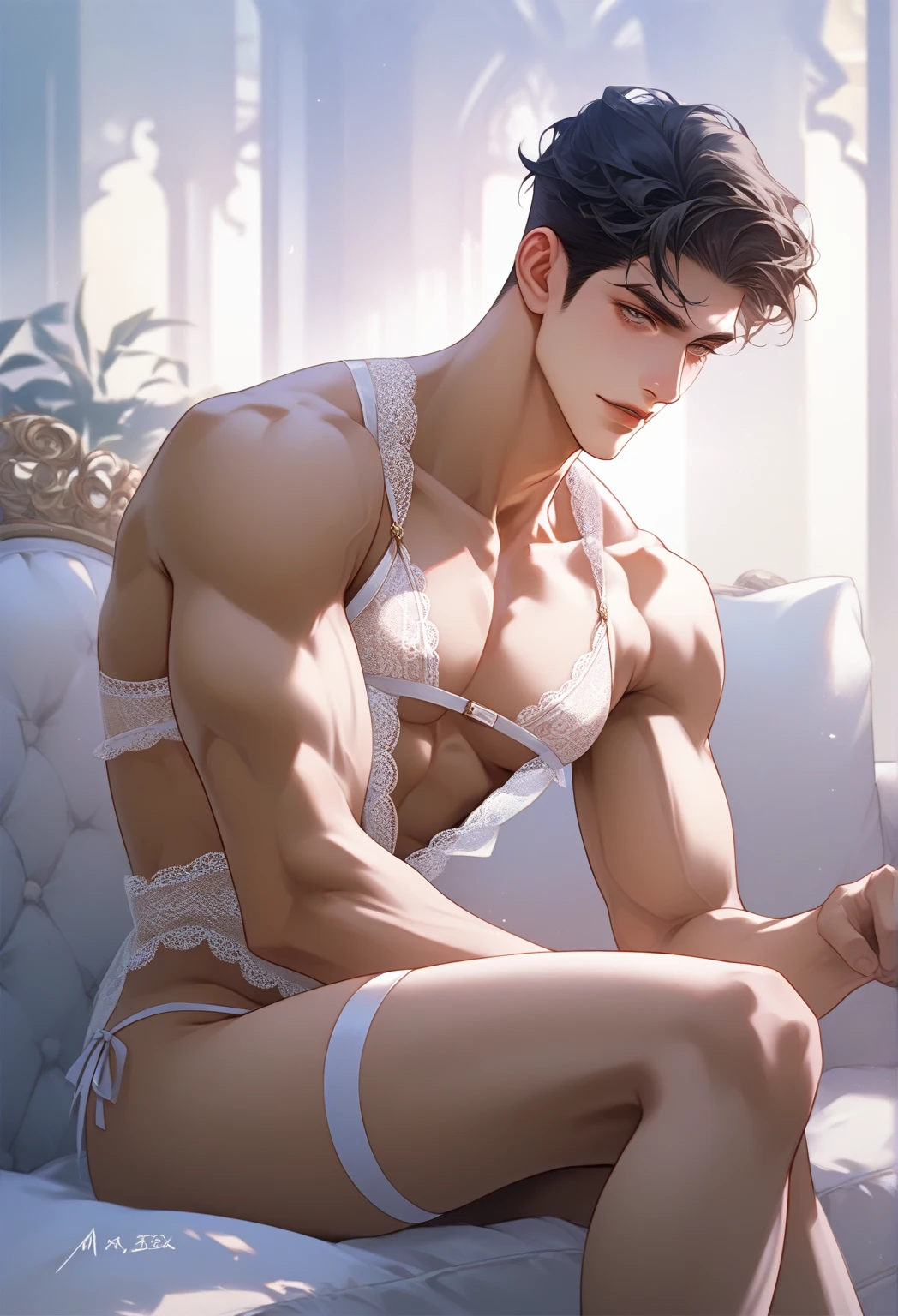 Handsome and gifted man in lingerie