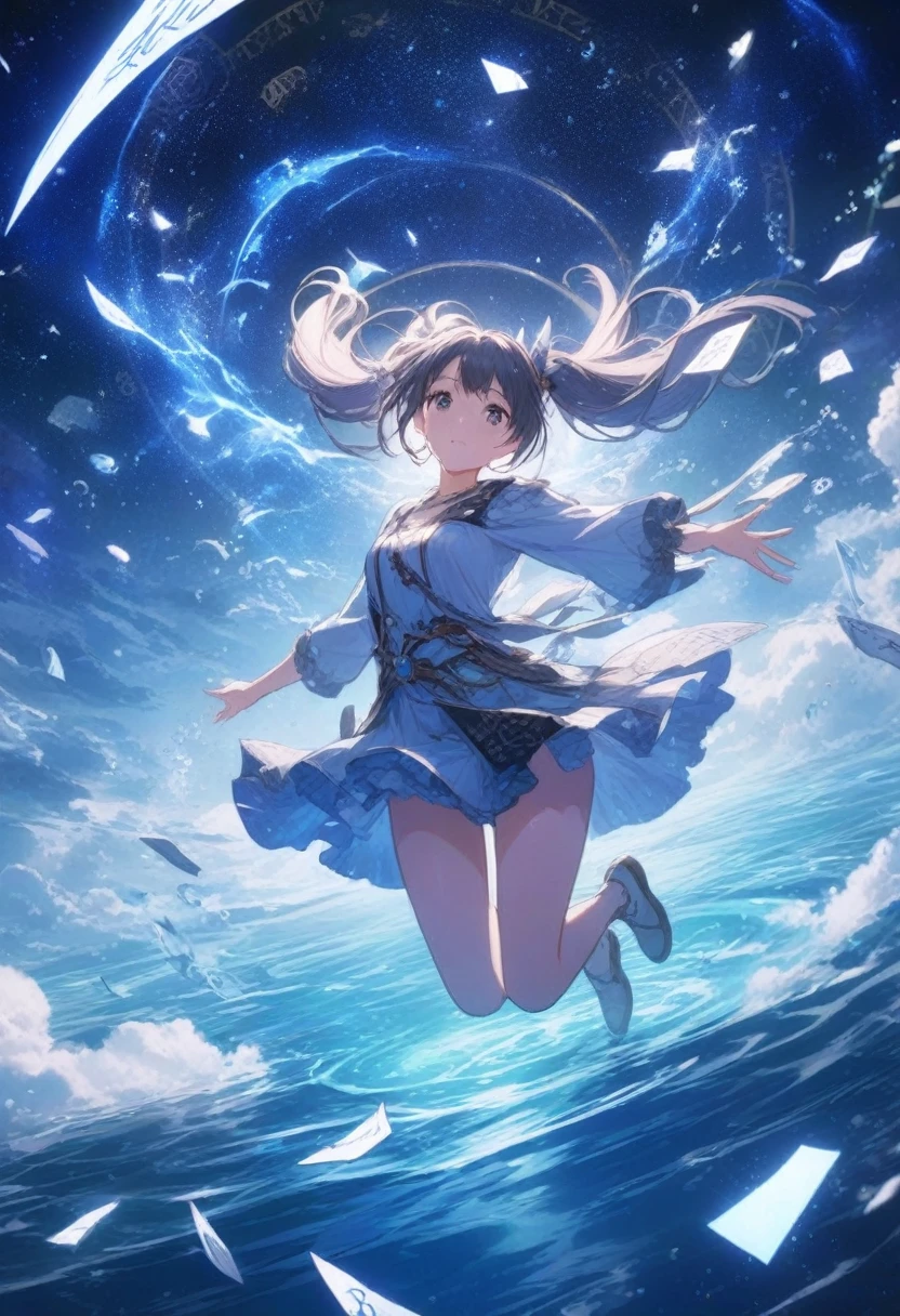 1Baby, anime girl, short girl, twins tail long hair style, blue hair with yellow combination, japanese highschool outfit, short skirt, blue eyes, aho ge, yellow ribbon each side of hair, stary eye, glowing eyes, proportional body, proporsional fingers, 4fingers