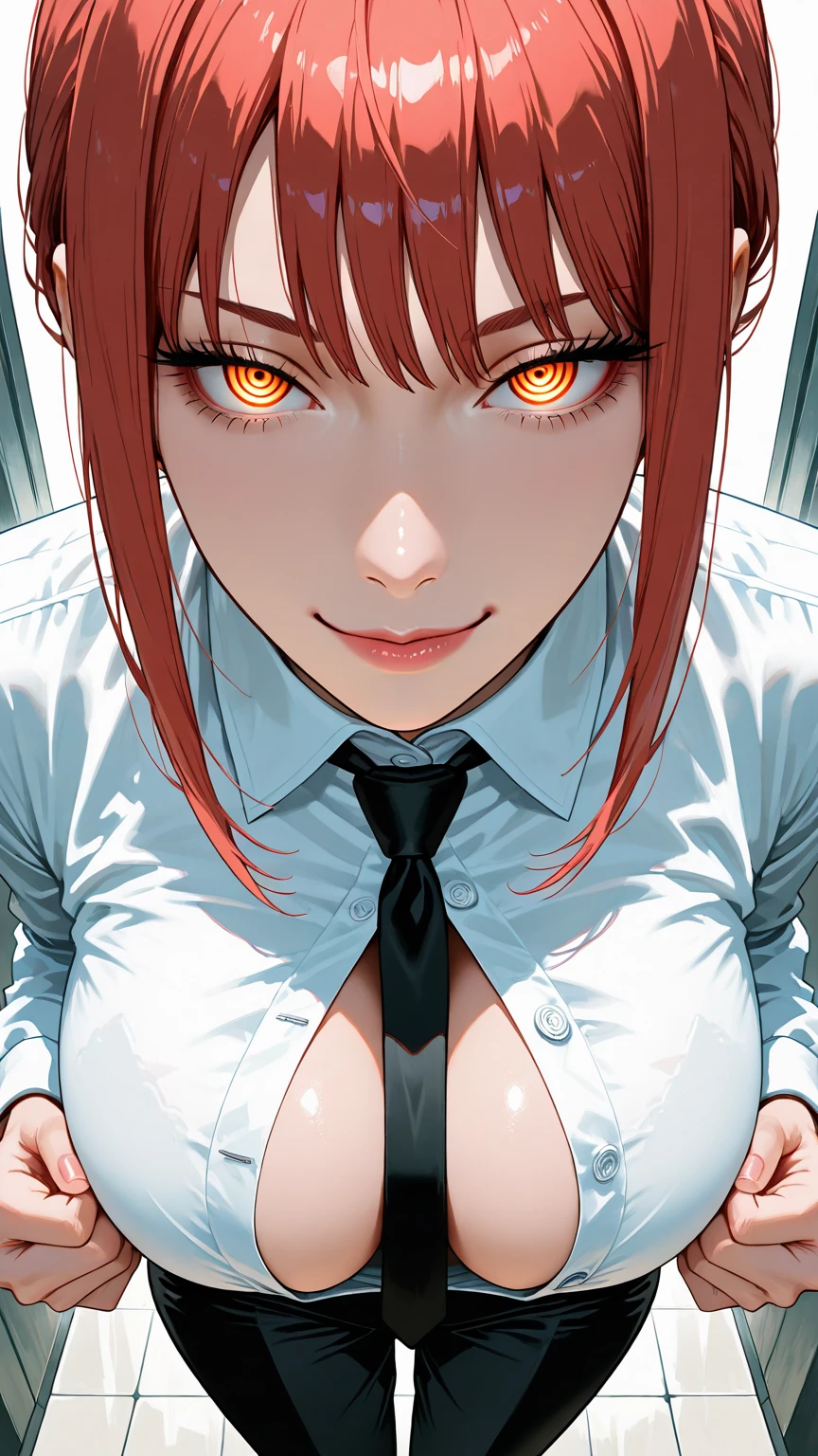 (realistic,photorealistic,photo-realistic:1.37),beautiful detailed eyes,beautiful detailed lips,extremely detailed eyes and face,Blurred motion, streaks of light, surreal, dreamy, ghosting effect, highly detailed, fullbody shot, best quality,woman, 20 years old, asymmetrical bangs, Topless, (Exquisite business suit:1.8), glow red neon hair, necklace pendant between breasts, big breasts, Glowing eyes, (red devil horns:1.5), awardwinning, amazing details,eye shadow，Eyeliner，(bandage在头上，bandage，bandage覆盖一只眼睛:1.3)，，Devil smile,devil tail，Devil&#39;s Aura，Corner perforation，Hanging ornaments，QOS tattoo on breasts