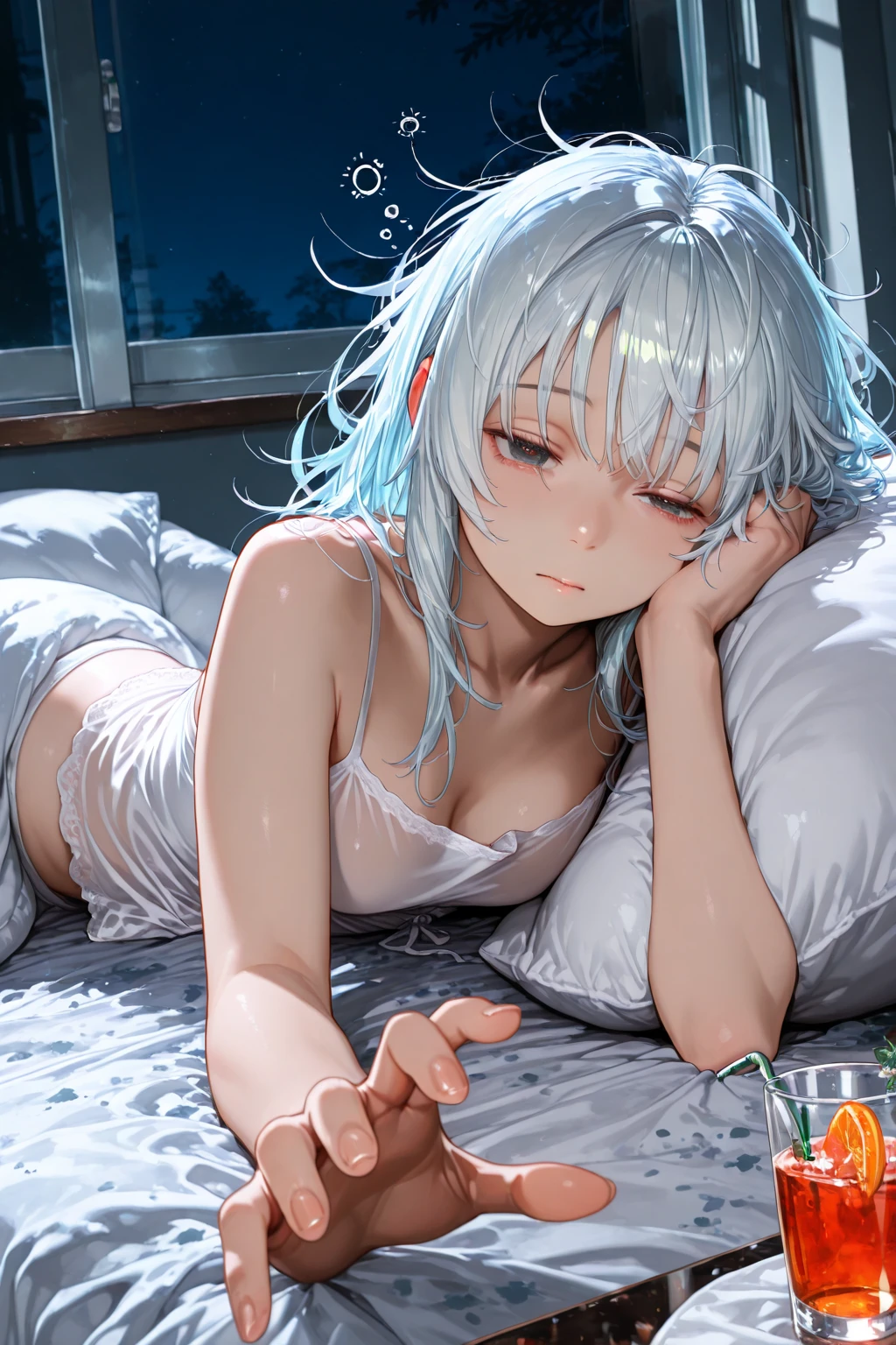 beautiful, masterpiece, best quality, perfect lighting, detailed face, 1girl, solo, bedroom, on bed, window, indoors, city background, morning, naked, topless, shirtless, sweating, wet skin, <lora:fieClaussellSenNoKiseki_v1:1>, fie clausell, long hair, white hair, collarbone, bare shoulders, <lora:murkysAfterSexLying_1:1>, after sex, cum, lying, ass, on stomach, (cum on body:1.3), black thigh boots, small breasts,