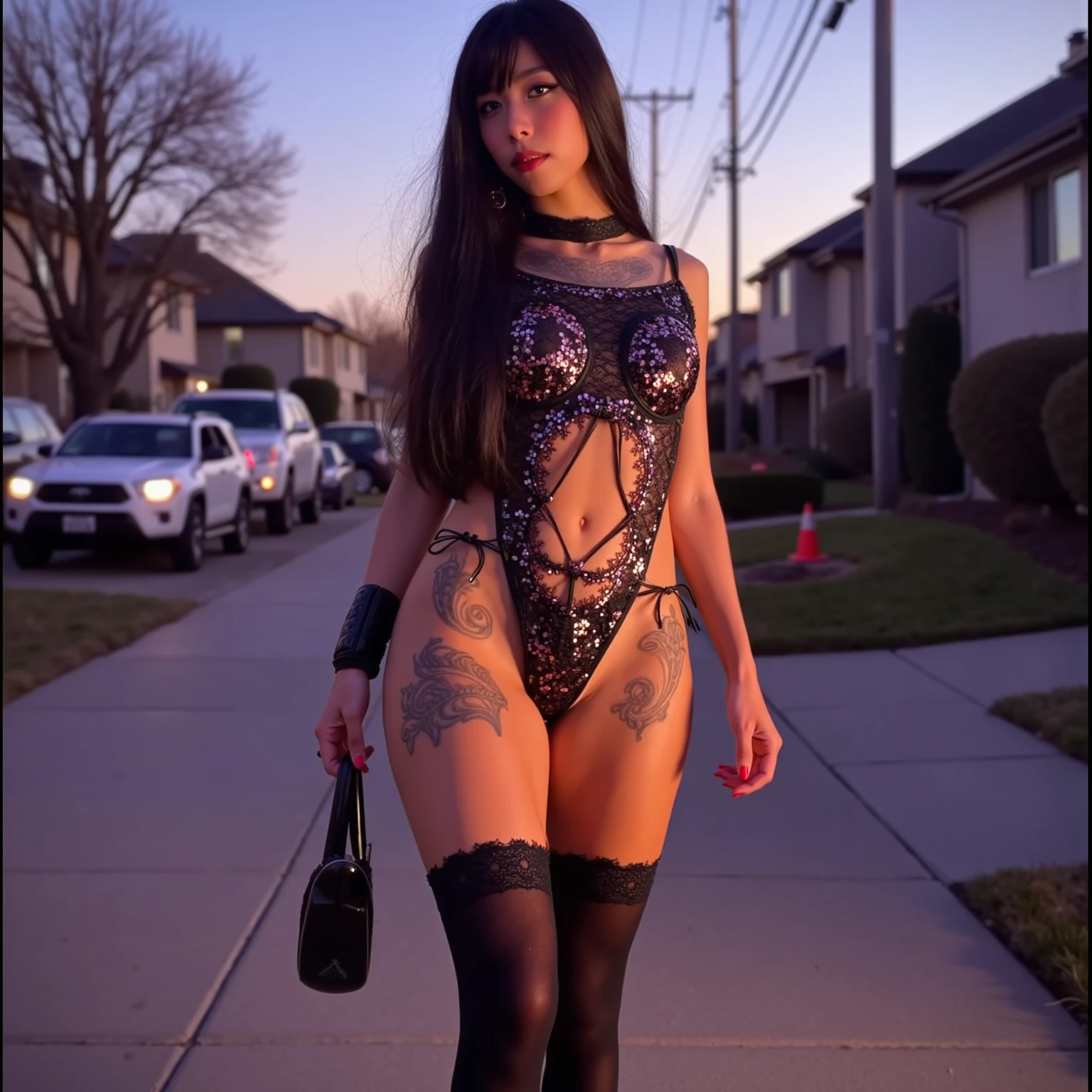 A beautiful hyperreal woman who represents Sailor Moon. Black hair, very big breasts, giant butt, tiny waist. Pigtails: she has long black hair that reaches approximately the middle of his back. Her distinctive hairstyle consists of two high, voluminous pigtails that extend up and out from the top of her head. Bows: At the base of each ponytail, Sailor Moon wears a large red bow that keeps her hair in place. Bangs: She has short, blunt bangs that frame her face and curve to the sides. Her outfit as Sailor Moon consists of the following elements: Tiara: Sailor Moon wears a tiara with a crescent moon. Headband: Around her head, Sailor Moon wears a red headband with a bow in the center, which keeps her lunar tiara in place. Ear hoops: She usually wears small gold hoops in his ears. Suit: Sailor Moon wears a one-piece suit consisting of a red leotard. The leotard is completed with a wide belt and a metal buckle at the waist. Boots: She wears black combat boots. Gloves: She wears red gloves that cover her hands up to his forearm. She is in the street, at night.  She is standing firmly with her legs slightly open, with her arms crossed, staring seriously at the camera which is located about 5 meters away from her. His figure represents power.