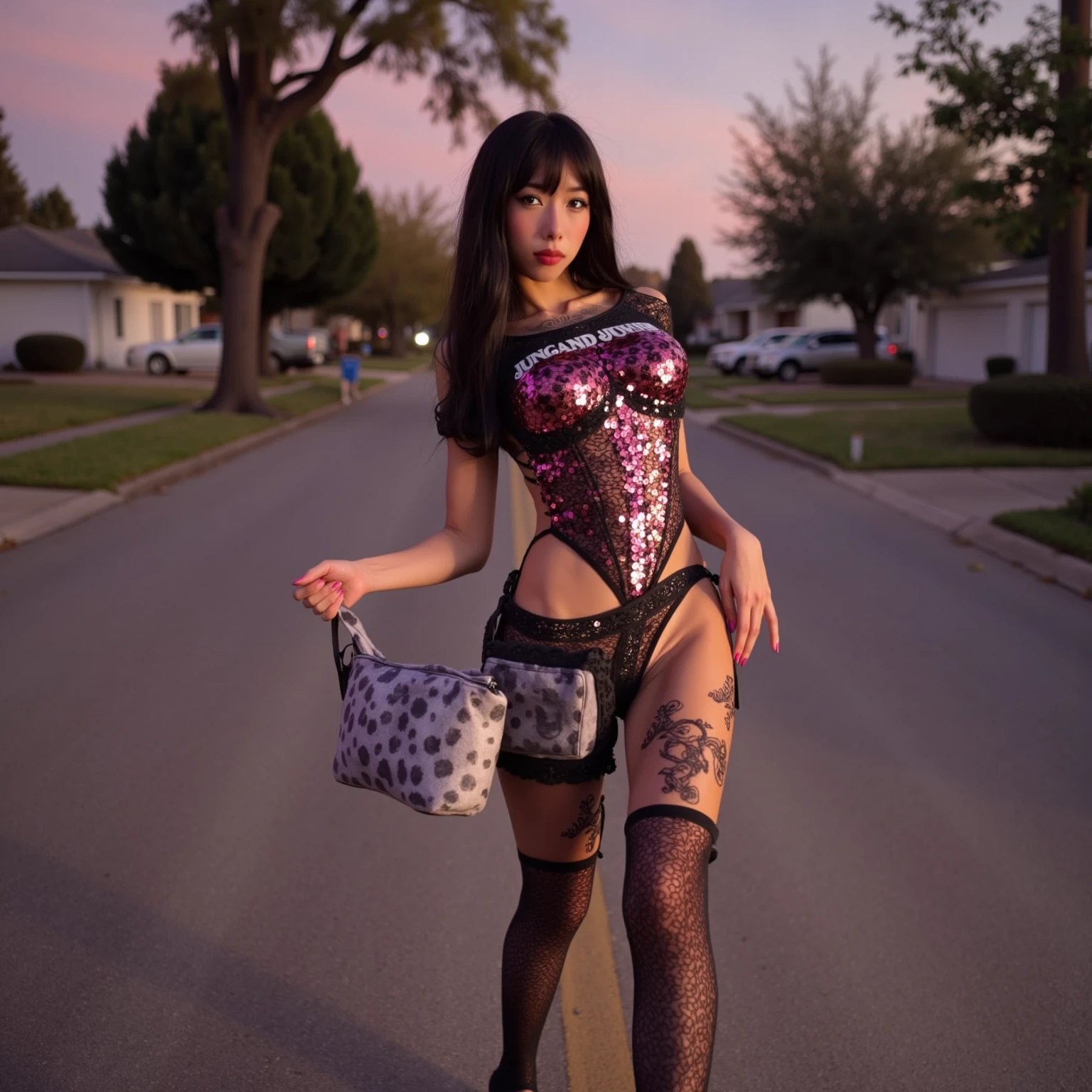 A beautiful hyperreal woman who represents Sailor Moon. Black hair, very big breasts, giant butt, tiny waist. Her face has Japanese anime features. Pigtails: she has long black hair that reaches approximately the middle of his back. Her distinctive hairstyle consists of two high, voluminous pigtails that extend up and out from the top of her head. Bows: At the base of each ponytail, she wears a large red bow that keeps her hair in place. Bangs: She has short, blunt bangs that frame her face and curve to the sides. She is wearing Harley Quinn's costume. It is a vibrant and eclectic mix that reflects his unique and eccentric personality. She wears a red and black leather biker jacket adorned with patches and extravagant details. Underneath the jacket, he wears a tight-fitting T-shirt with some bold or graphic design, often in bright colors or quirky prints. On the bottom, she wears tight pants or a short skirt, also in striking shades such as red, blue or pink, which complement her bold style. Her legs are adorned with colorful fishnet stockings or tights that add an extra touch of extravagance. For footwear, she opts for tall boots or sneakers with bold, colorful details that complement the rest of her outfit. In addition, accessories such as necklaces, bracelets and large, striking earrings complete her characteristic and rebellious look. The wardrobe is a visual expression of her extravagant and uninhibited personality, combining bright colors, bold clothing and bold accessories to create a unique and distinctive style. She is in New York at night