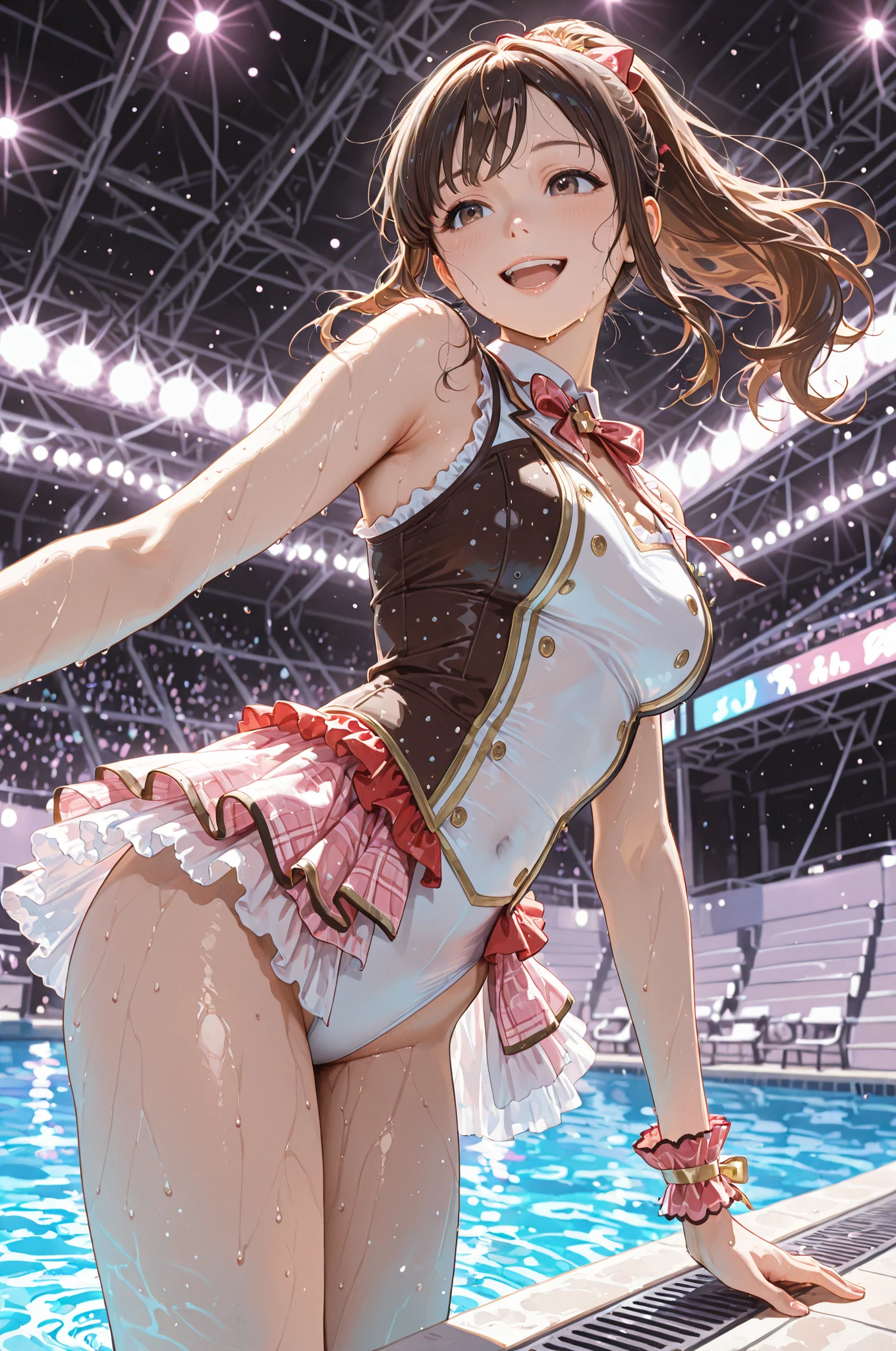 (Tabletop.highest quality).(Dynamic Angle). (Incredibly detailed CG paintings),(Perfect Image)、Comic Strip.figure.One Girl.Detailed face、Perfect Face.Delicate face、Textured skin、Black Hair.length、(Horse-eared girl)Horse-eared girl、((Beautiful Blue Eyes)).Delicate and beautiful eyes、The eyes are detailed、Reflective Eyes、Watery eye、smile.(Staring at the audience:1.3).(My face got a little red:0.8)、8k wallpaper、Cowboy Shot、reflected light、Highest detail、Complex、Delicate background、Textured skin、Detailed skin、Swimwear, ((紫色のSwimwear))