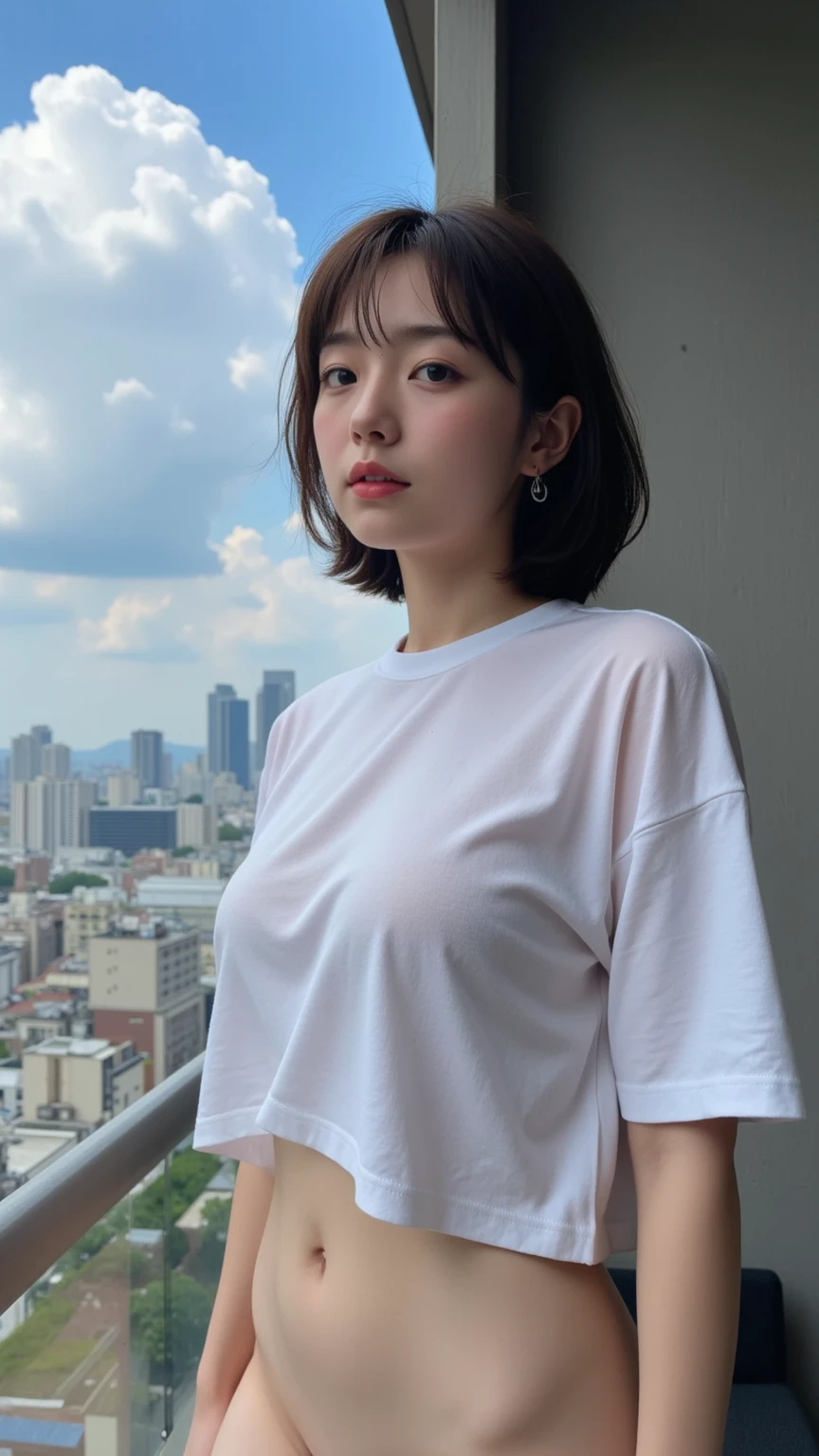 masterpiece, best quality, illustration, Super detailed, fine details, High resolution, 8K,wall paper, perfect dynamic composition,(Details High quality, realistic depiction of eyes:1.3), (Japanese teenage girl standing in a dirty back alley at night, graffitied wall:1.1), (wearing a tattered and dirty t-shirt.:1.1), Wearing baggy pants, dirty body, short bob hair, black hair color, Big Natural Color Lip, seductive face, provocative look, crying a little、cold gaze, Harajuku style、(graffiti), night time, 20 year old girl、cute type、lolita, Gravure Idol, full body photo、focus on crotch, (huge breasts)