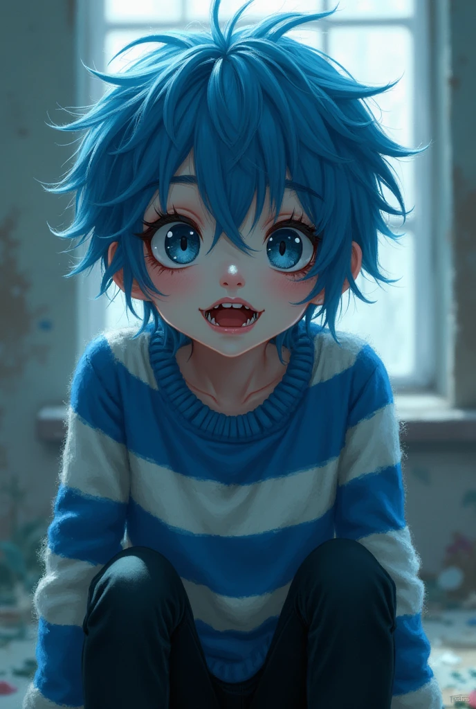 Cute emo boy, skin very white, blue hair, showing the soles of her feet, barefoot, aesthetic feet, correct toes, feet on top of a dark-skinned boy