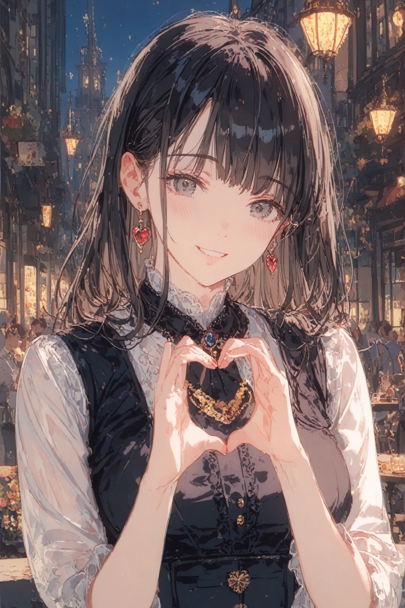 4K , 8k , super detailed, Beautiful and aesthetically pleasing, masterpiece, top quality , ((1 woman around 30 years old)), (hairstyle with a slight knot: long straight black hair with gray eyes) ,bangs are flat,Saggy Eyes,Night bar environment , small breasted,and I'm wearing a uniform,Half body focus ,pure skin , cowboy suffering from hiccups {x} cowboy shot , smile , heart hand pose