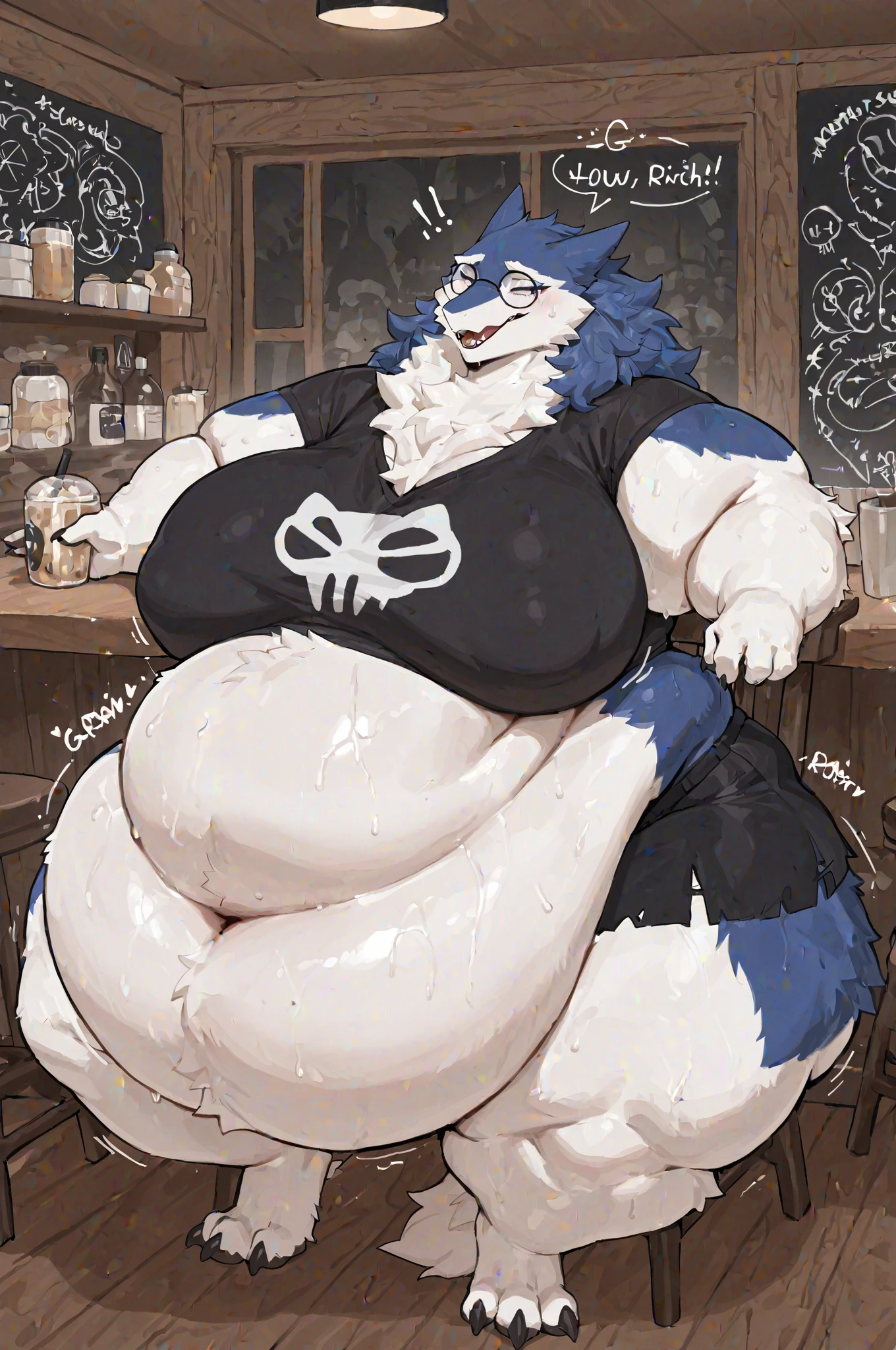 ((Solo)) ((Wendigo)) ((Male)) ((Skull head)) ((black fur, red underbelly fur, red belly fur, lot of red tattoos)), chest hair, white glowing eyes, antlers and claws, large, overweight, very fat, very big belly, belly, giant belly, massive belly, bloated belly, bulging belly, vore, gurgling belly. Lazy, dad, daddy, dilf, bara, adult, aroused. Very embarrassed, guilty, blushing, blush, flustered, surprised, shy, science lab, cozy lights. Open lab coat, white underwear with massive bulge, sitting down, relaxing, burping, burping loudly.