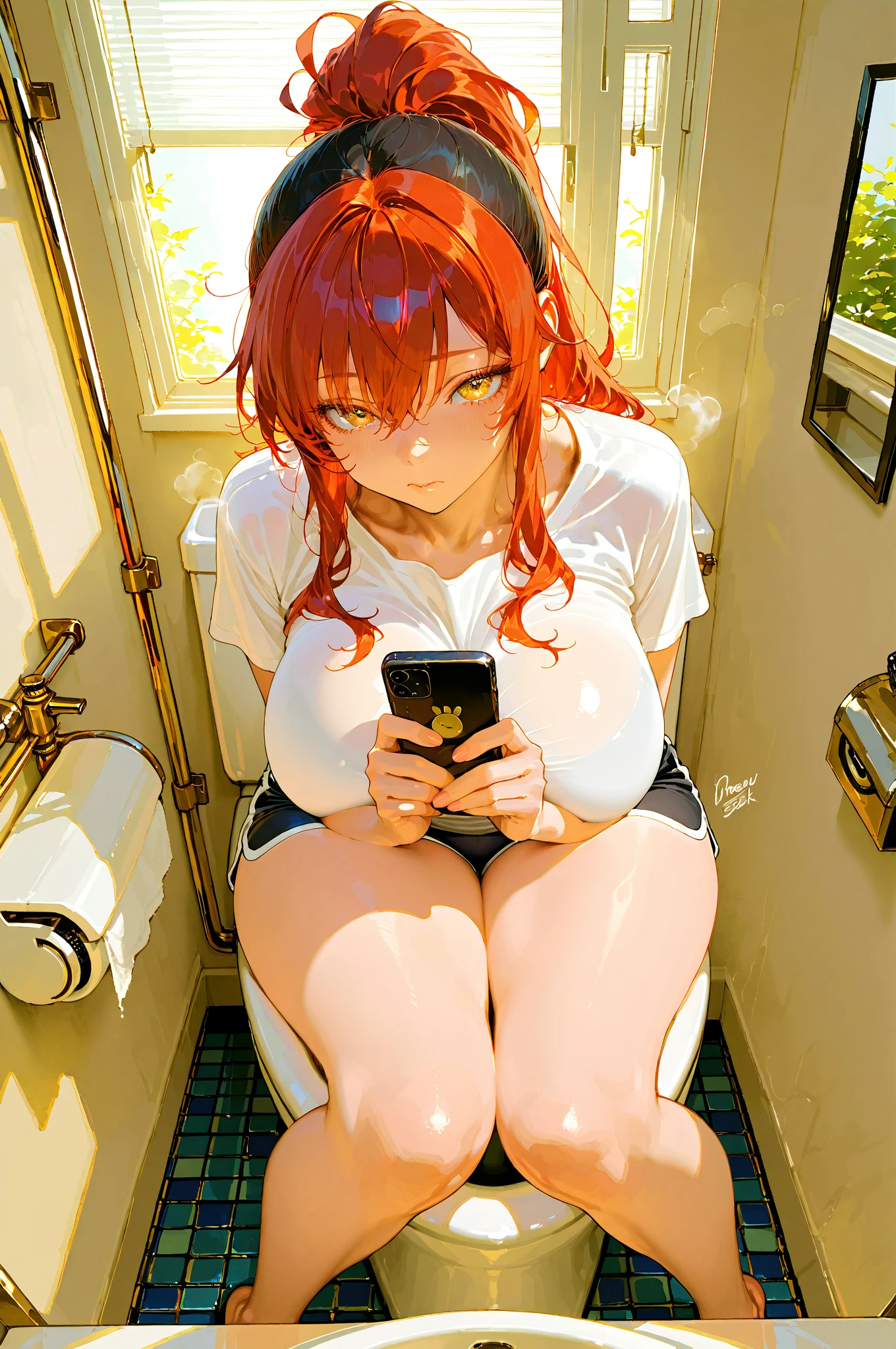 Arakfi woman in high heels taking selfie with red phone, sexy appearance, looking from under feet, korean girl, sexy pose, very sexy outfit, charming pose, white silk lingerie, sexy girl, smooth translucent white skin, chinese girl, sexy erotic lingerie, full naked, gorgeous young korean woman wearing sheer light lingerie. Sexy squatting, squatting, no underwear visible, slender underwear,