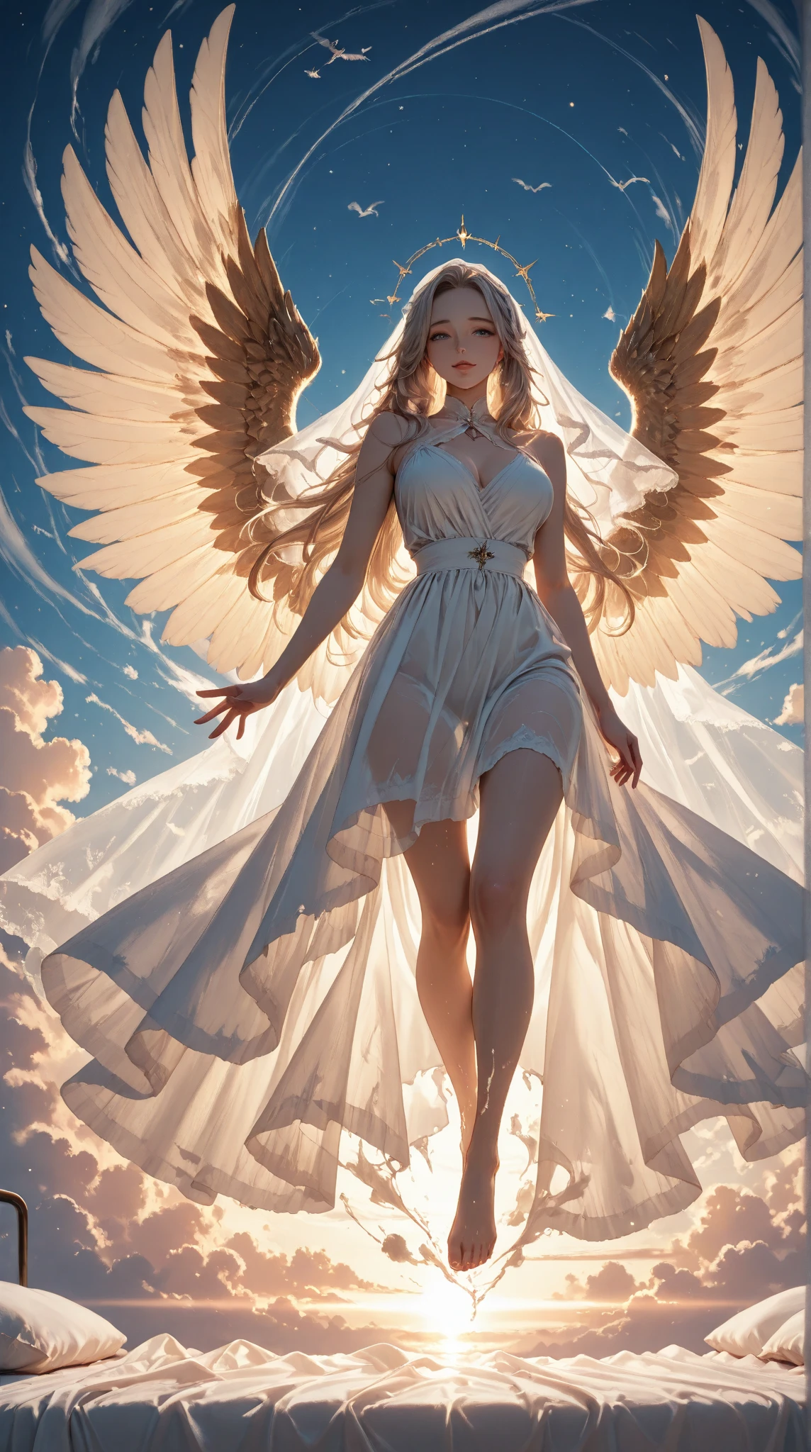 Big Breasts Angel, Wearing a gorgeous dress that covers the whole body, Floating in the air, angel wings, outdoor