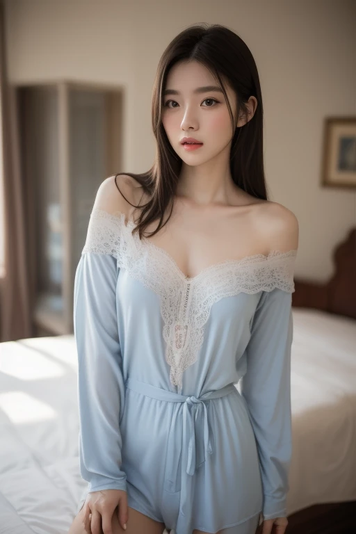 russian woman with white skins, giglung face, blue eyes, dark brown hairs, ultra realistic skins, ultra white skins, skins detailed, perfect eyes, eyes detailed, russian woman wearing satin night gown, perfect night gown, symmetrical and fit night gown, both her hands on the hair, background romantic bedroom, dark rooms