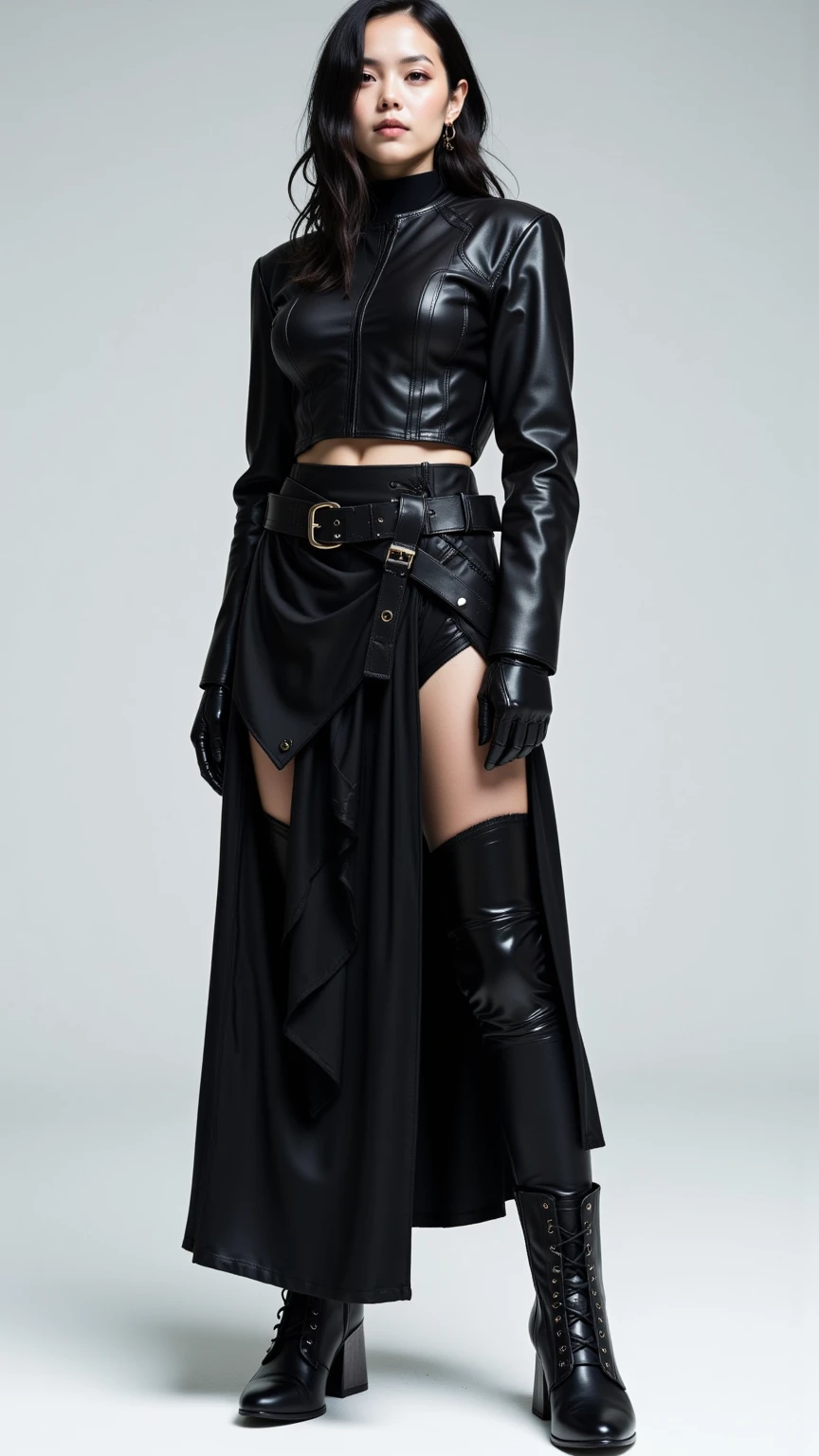 (8k、RAW Photos、Highest quality、masterpiece:1.2)、(Highest quality、Realistic)、1 Girl、((leather、ponytail、Hair clip、Ninja costume、ガーターbelt、Tube top、Arm Coverini skirt、black、tights、Belly button、Gloves、belt、ribbon、See-through、Thin legs、whole body、boots、City of night、View from the front、Looking into the camera、Stand with hands on hips))、cute