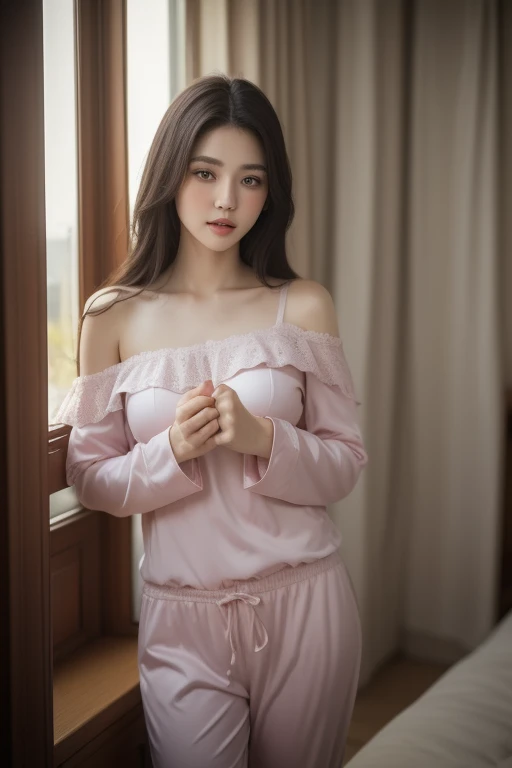 RCt  nsfw  ((Reality)), Realistic style，Realistic portraits of Asian beauties, complex and exquisite details, amazing beauty，(((woman))), sweet and sexy woman，directly from real life, (hair_Wavy roll) Light brown hair, wearing (pijama_pink) Cute and sexy cotton dress pajamas, wlop glossy skin, photorealistic beautiful face, [ 8k photorealism ]!!, soft makeup, korean face features, [ 8k photorealism ]!!!, beautiful aesthetic face, lovely delicate face,