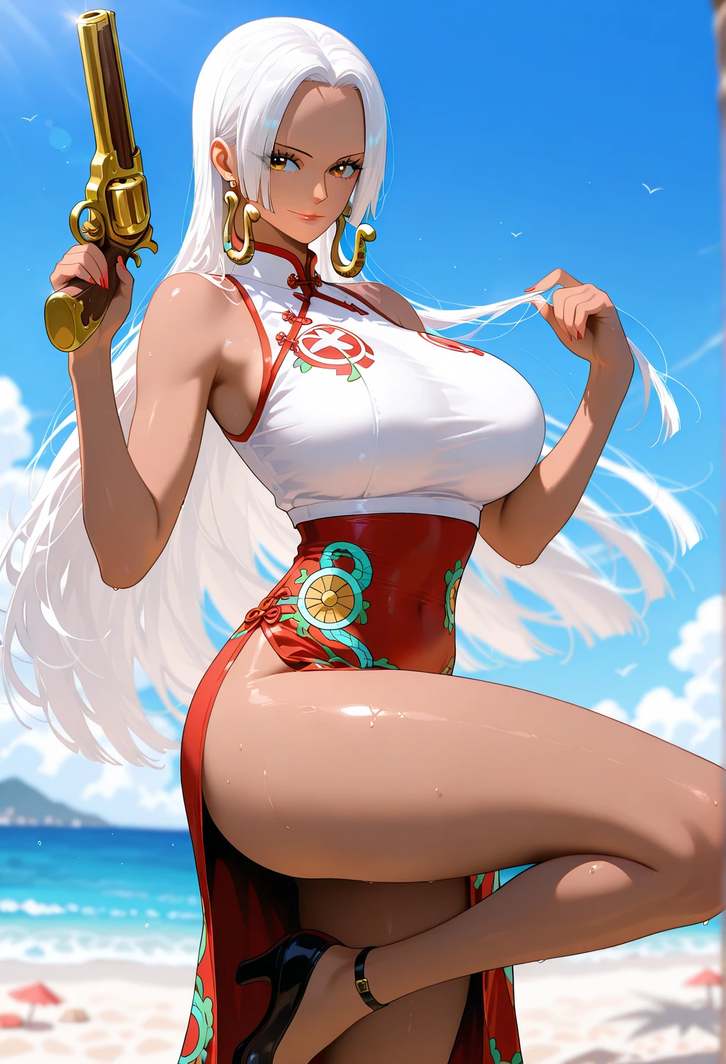 The delicate and slender lines present an extremely smooth body, and there are no deliberate tattoo designs between its flawless skin. Very detailed details of the clothes, real texture, the fabric is translucent, full of luster. Oiled skin, bigger breasts, smaller bikini, open mouth and smile, showing teeth, fangs, teeth together. (NSFW: 1.98) Arad woman in bikini poses a sword on the beach, extremely detailed Artgerm, on the beach, Ross landscape background, perfect white-haired girl, seductive anime girl, like Artgerm, on the beach, beautiful seductive anime woman, Rostland !!!, Rostland style, art germ. Anime illustration on sunny beach, (oily skin)) with horns on the head and two red and yellow horns on the head. End of curl. White transparent cheongsam. (Wearing white transparent fabric cheongsam, cheongsam chest opening, highest fabric material, fabric performance 8K, physics engine calculation demonstration):: 1.8. (High-quality, detailed CG art), (beautiful light and shadow, floating effect) (1 person) (shiny hair, blue hair: 1.2 + gray hair: 1.6), when the skin between the chest and lower abdomen is wet, dripping water droplets and sweat slip together, sexy gorgeous, still photos convey a dynamic effect. (extremely detailed, well-made, highest image quality, strong specular reflection of bikinis, clear latex texture) The woman is extremely beautiful, extremely sexy, beautiful and moving, seductive, and the transparent texture of the leggings is just right, making people shine. ((NSFW, low saturation)) ((oily skin)), ((water droplets on the skin)), 1.6. The body is moist and shiny, the body is wet and shiny, the body is wet and shiny, the breasts are bigger, the ass is bigger. ((Masterpiece)), the best quality, super fine, highly realistic, wet all over, bathed in rain, every bead of sweat is clearly visible. (Masterpiece: 1.6), (Best Quality: 1.5), Ultra High Resolution, 1 Girl, Very Detailed, 8K, Beautiful, Detailed Eyes, Look at the Viewer, Intense Dark