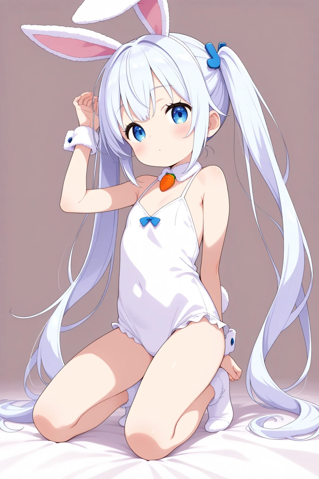 1girl, solo, pitm, one-piece swimsuit, kneeling, waving hands