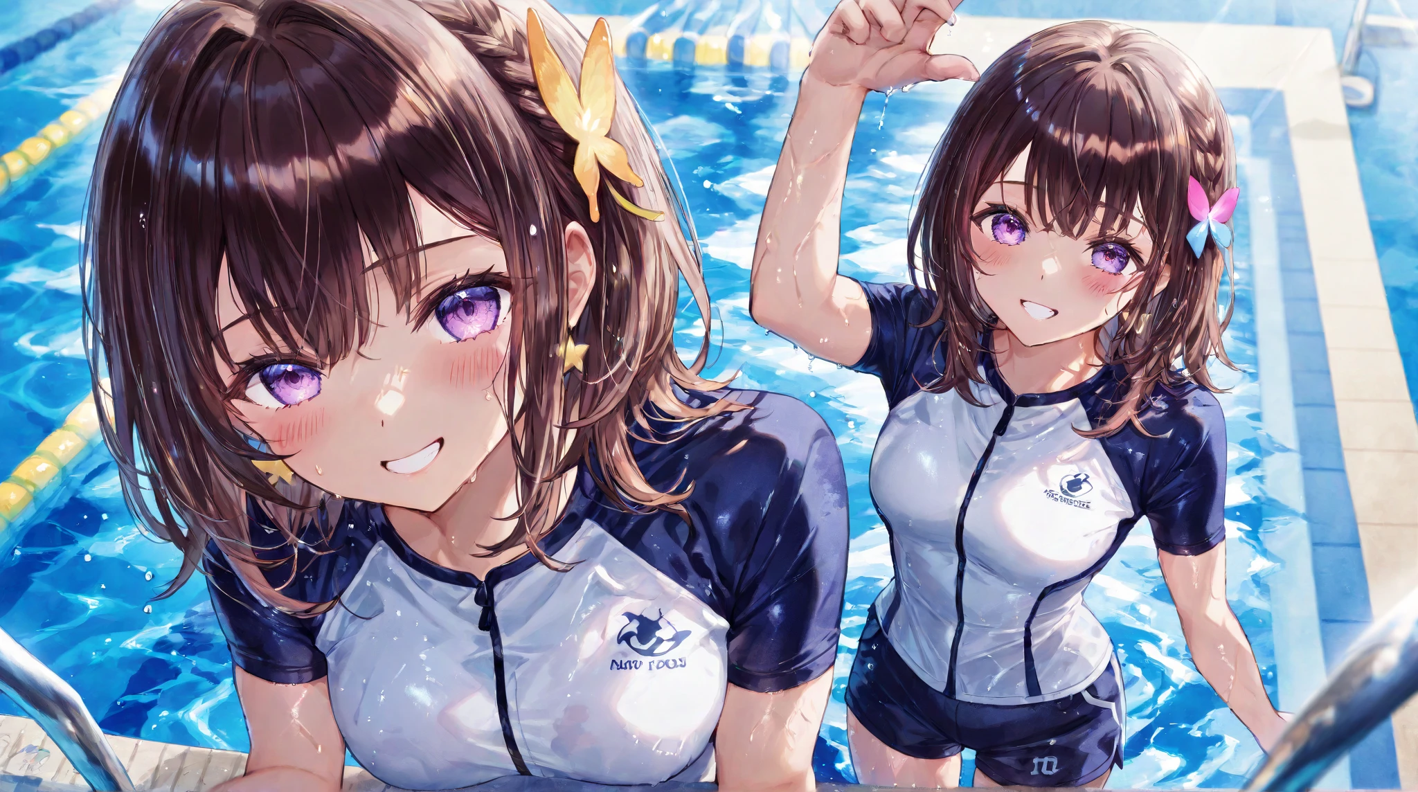 masterpiece、highest quality、High resolution、Two realistic girls、Competitive swimmer、Close-up of a person、Wearing a bodysuit of your choice、During Competitive swimmerics competitions、smile、Swimming Venues、sexy competitive swimwear