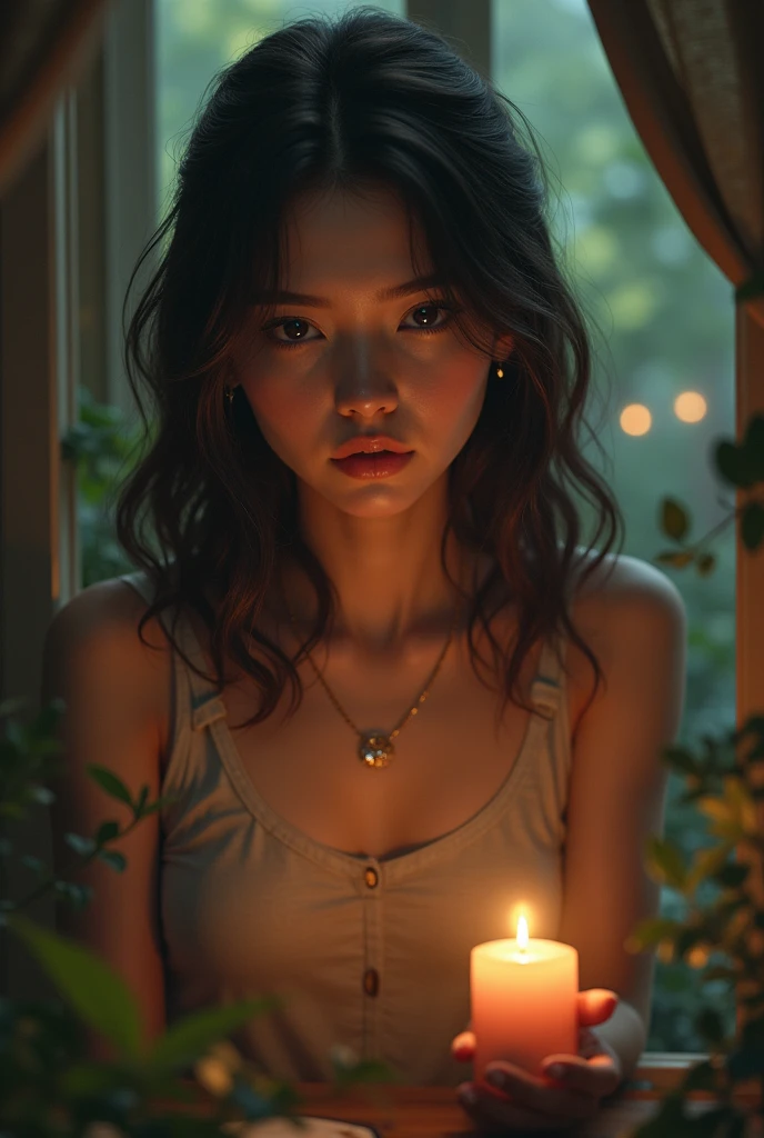 extreme close-up of beautiful korean female, 34 inch breasts size,  wearing black tank top, necklace , holding lantern, in the darkness room, UHD 