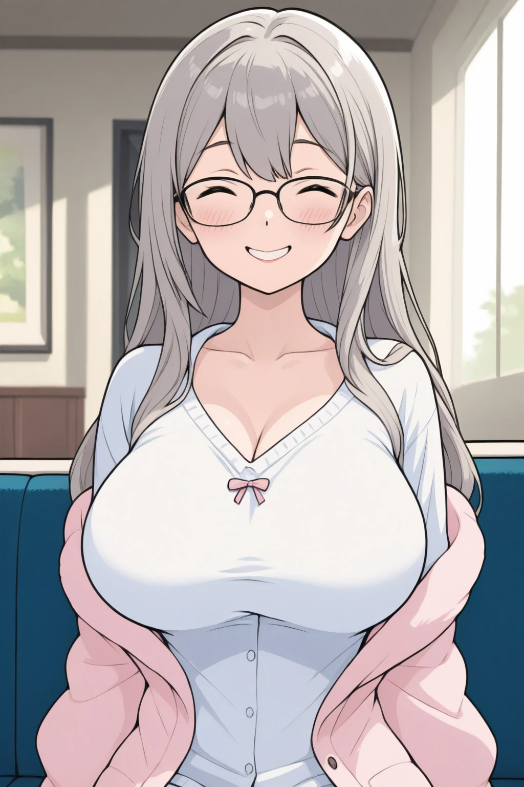 Superior quality, Masterpiece, ultra high resolution,NSFW anime illustration of an older woman with white hair with a long braid, gray eyes and lips, painted lips, she wears glasses and wears a white shirt and a very long brown skirt, her tits are very big, she has some wrinkles on her face and she is sitting in a room a sofa and smiles while blushing