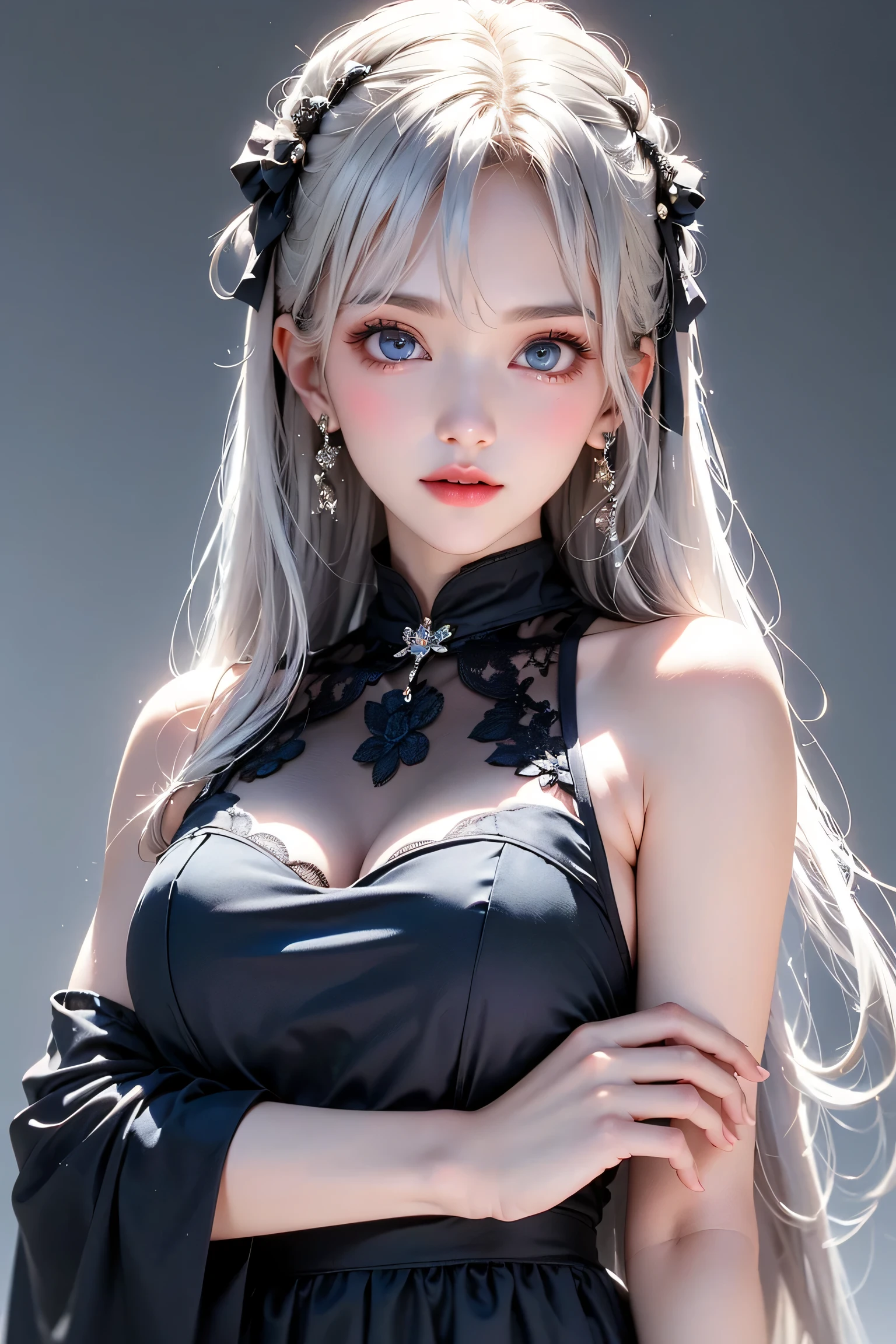 (Image on chest)((masterpiece:1.5,Highest quality,Highly detailed images,Beautiful images、Realistic、Realistic、2.5D))(One girl, solo,)(Adult female、Large Breasts, Gray Hair, Beautiful Eyes、Beautiful cleavage)(Off-the-shoulder dress、Black Dress:1.5, Deep slit)(smile, Wind, Floating Hair、Sit down and seduce)(bright、Soft lighting、The Western-style building behind、garden、erupt）

