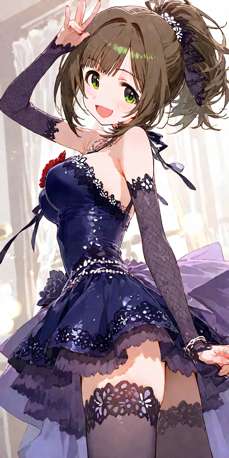tokisaki kurumi,((masterpiece)),(((best quality))),((ultra-detailed)),((illustration)),((disheveled hair)),((frills)),(1 girl),(solo),Wavy hair secretary，solitary,Exquisite eyes,Fine black hair，( Smooth skin:1.2)( Wear a gorgeous and sparkling evening gown:1.2)， Slender body proportions，Back，Gorgeous room


