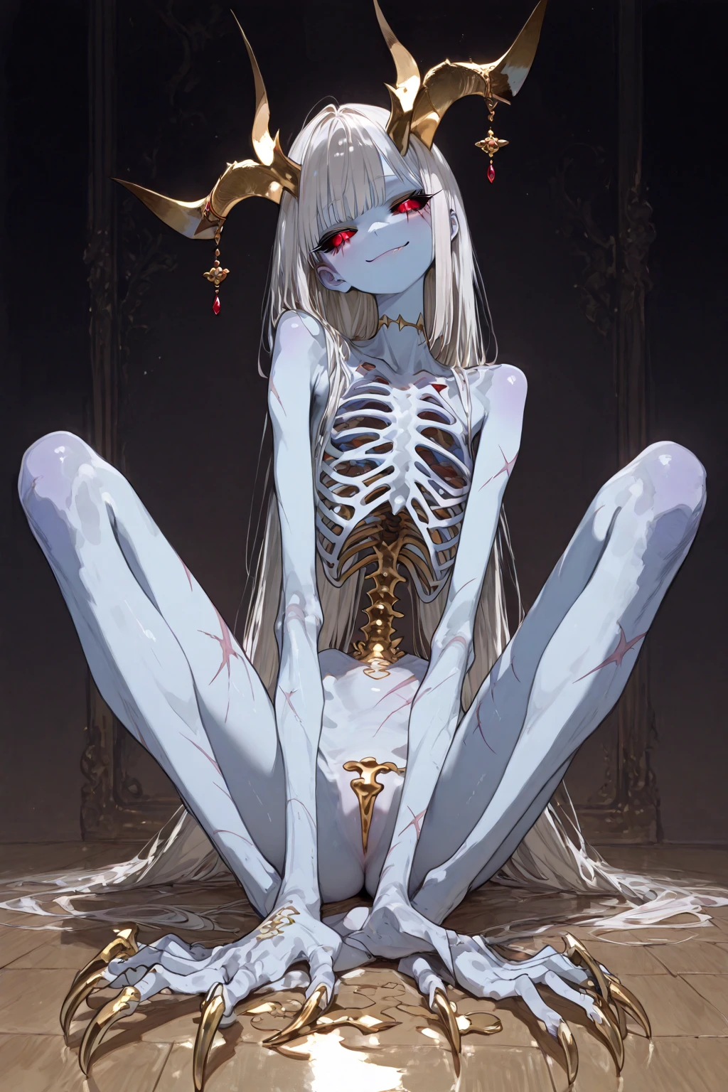((1 skeleton woman alone)),((bandages on arms and legs))),((completely naked, naked pussy, Huge breasts, naked breasts)),((very long brown and white hair, blue eyes, face without hope)),((stand, 1 arm behind your back)),In a haunted forest, at night,