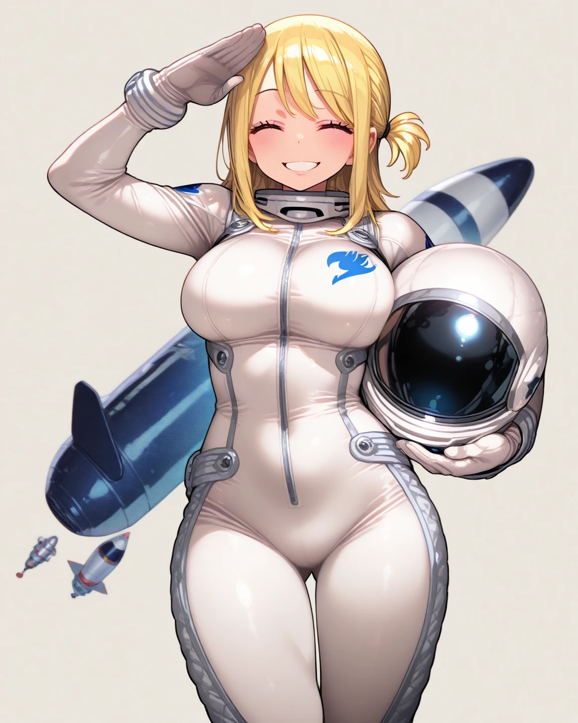 high res, 1girl, mature female, halfbody, blonde hair, medium hair, blue eyes, official astronaut suit unit, oxygen backpack, (astronaut helmet:1.0), outside on the surface of mars, canyons and desert, beautiful background, perfect eyes, profiles, dynamic pose, zero gravity, red sky, cirrus clouds, sharp thick outlines, sense of awe, epic, light smile, deep cameltoe, wide hips, heart symbols on suit, heart symbol on underbelly